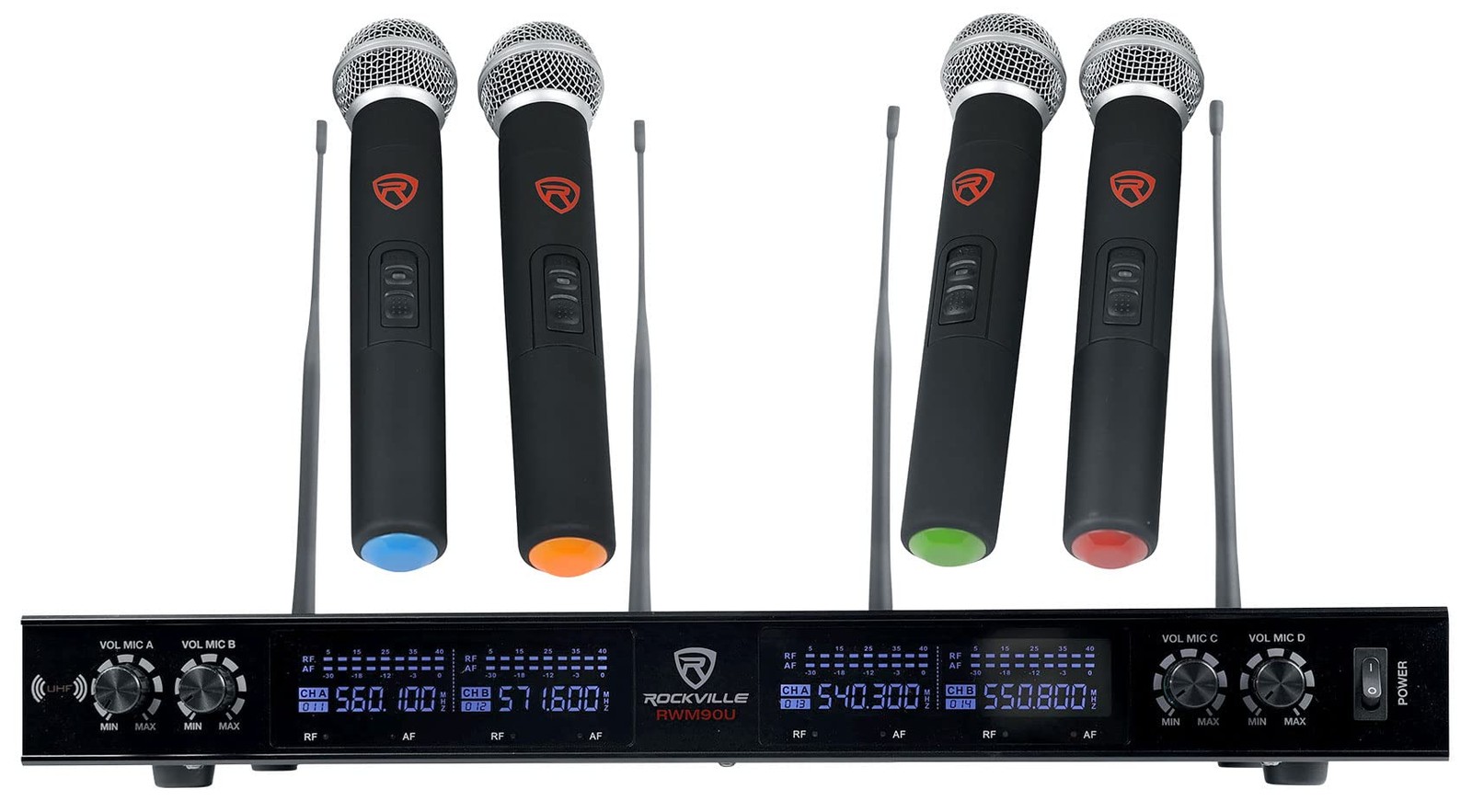 Rockville RWM90U Quad UHF Wireless Microphone System (4 Mics), Quad, black
