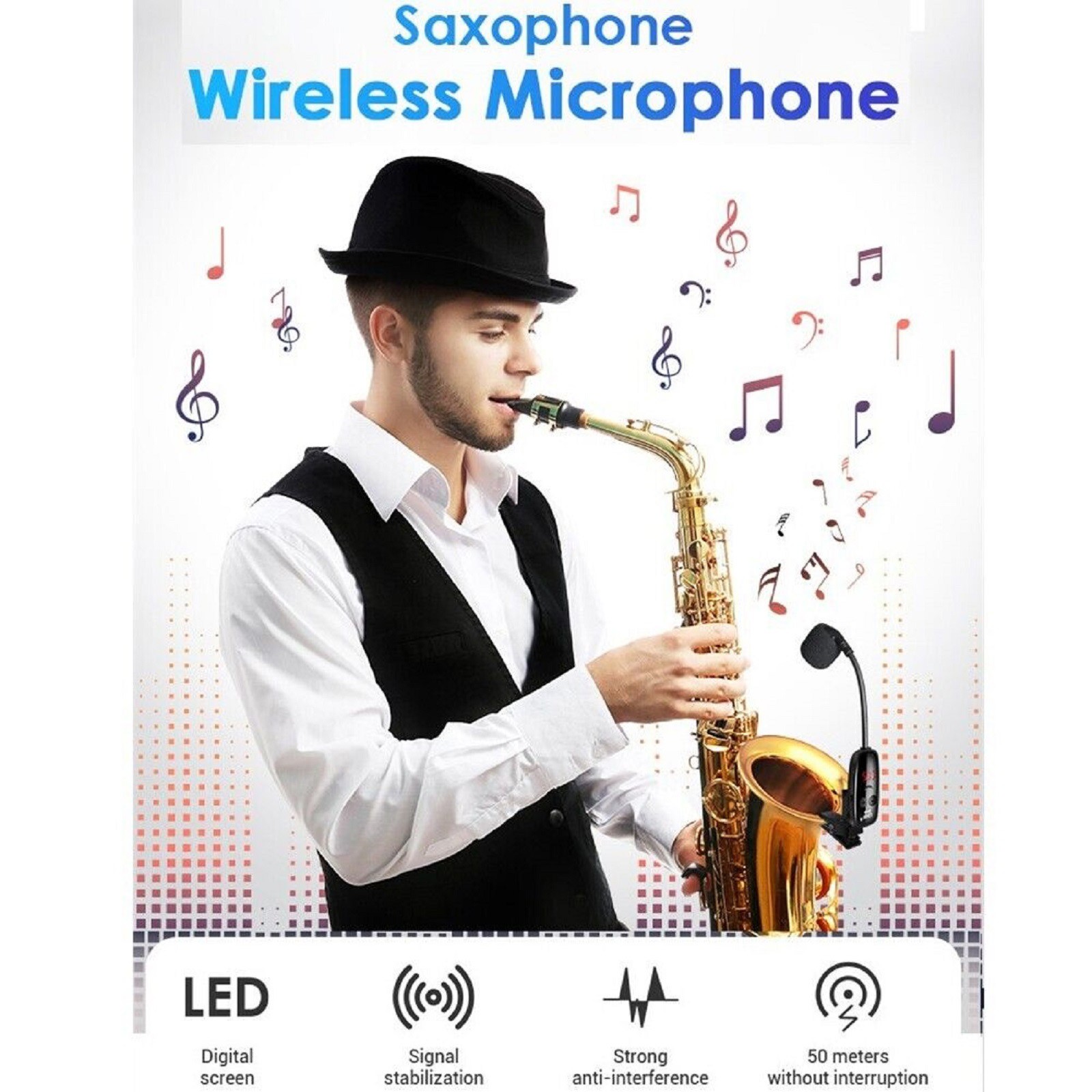 Microphone with Receiver Transmitter 50M Range Wireless For Trumpet Saxophone d
