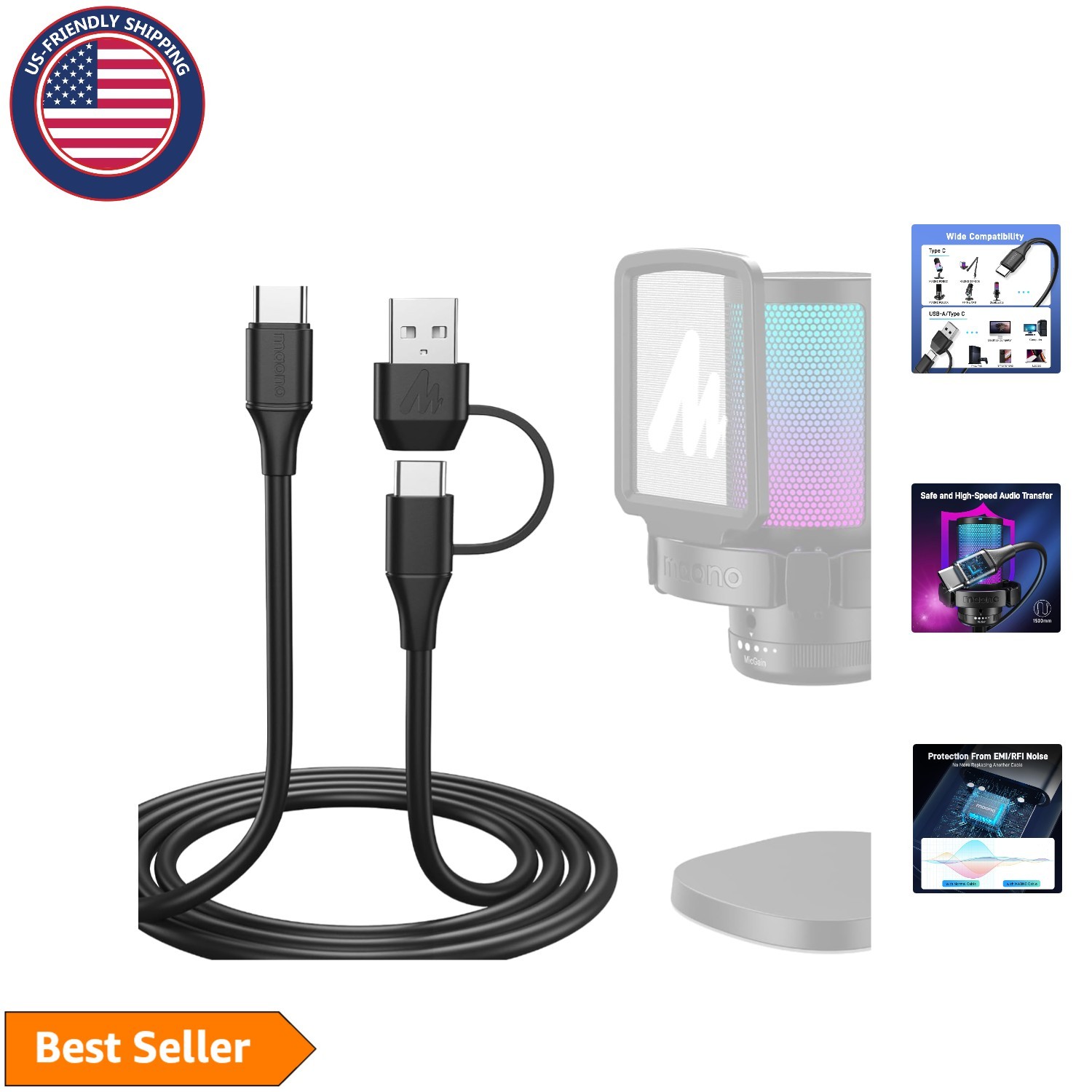 Black Tangle-Free USB Microphone Cable, 5ft USB C & A for Fast Audio Transfer