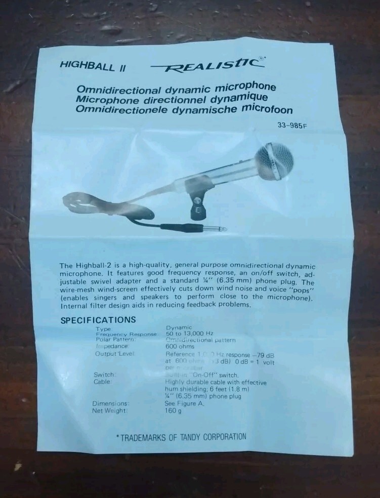 The Realistic Highball-2 Omnidirectional Mic. Low Imp. 600 OHMS (Open Box)