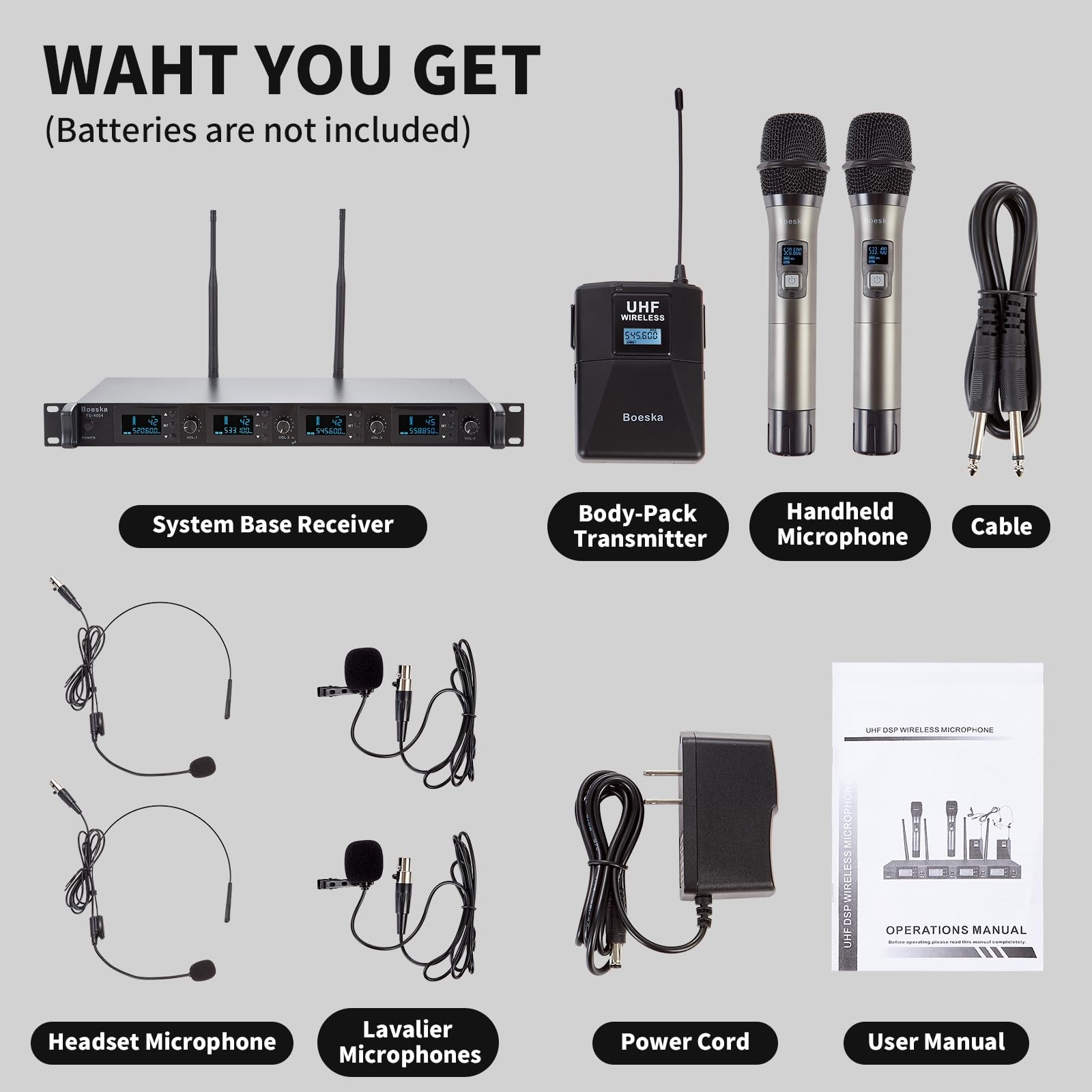 4 Channel Wireless Microphone System UHF 2 Cordless Handheld Mics and 2 Laval…