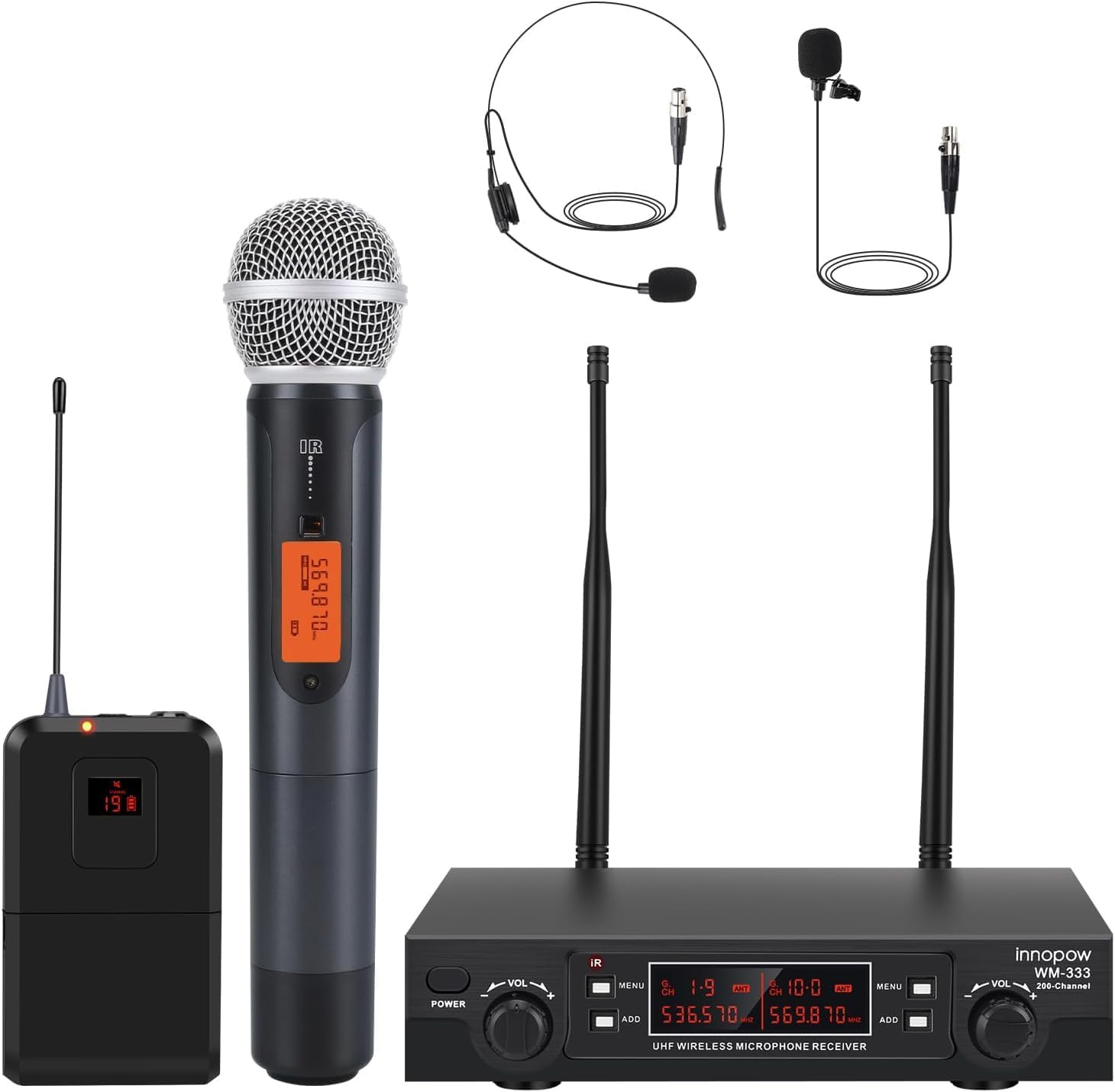 Dual UHF Wireless Lavalier Microphone System – 200 Channels, 200ft Range
