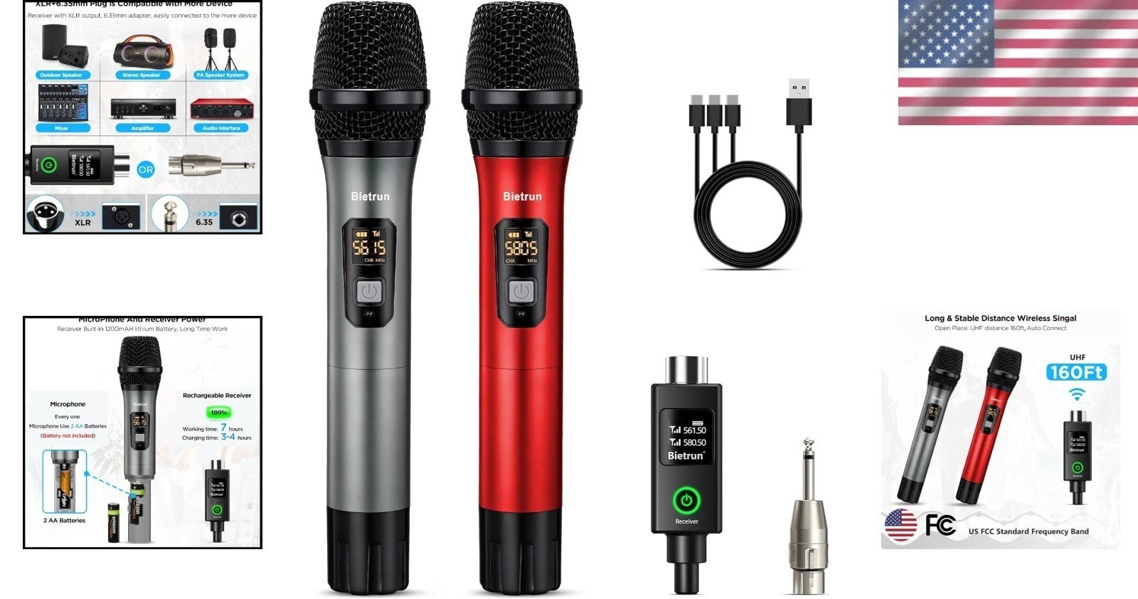 Dynamic Wireless Microphone System XLR UHF Metal Handheld 160ft Range Auto Sync