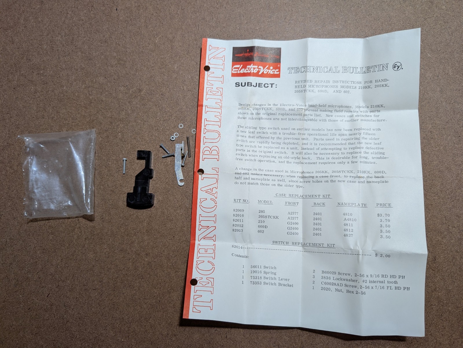 Electro-Voice Microphone Switch Repair Kit – 210K 205CK 600D 602 – NOS