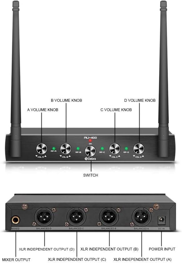 D Debra Audio AU400 Pro UHF 4 Channel Wireless Microphone System with Cordless