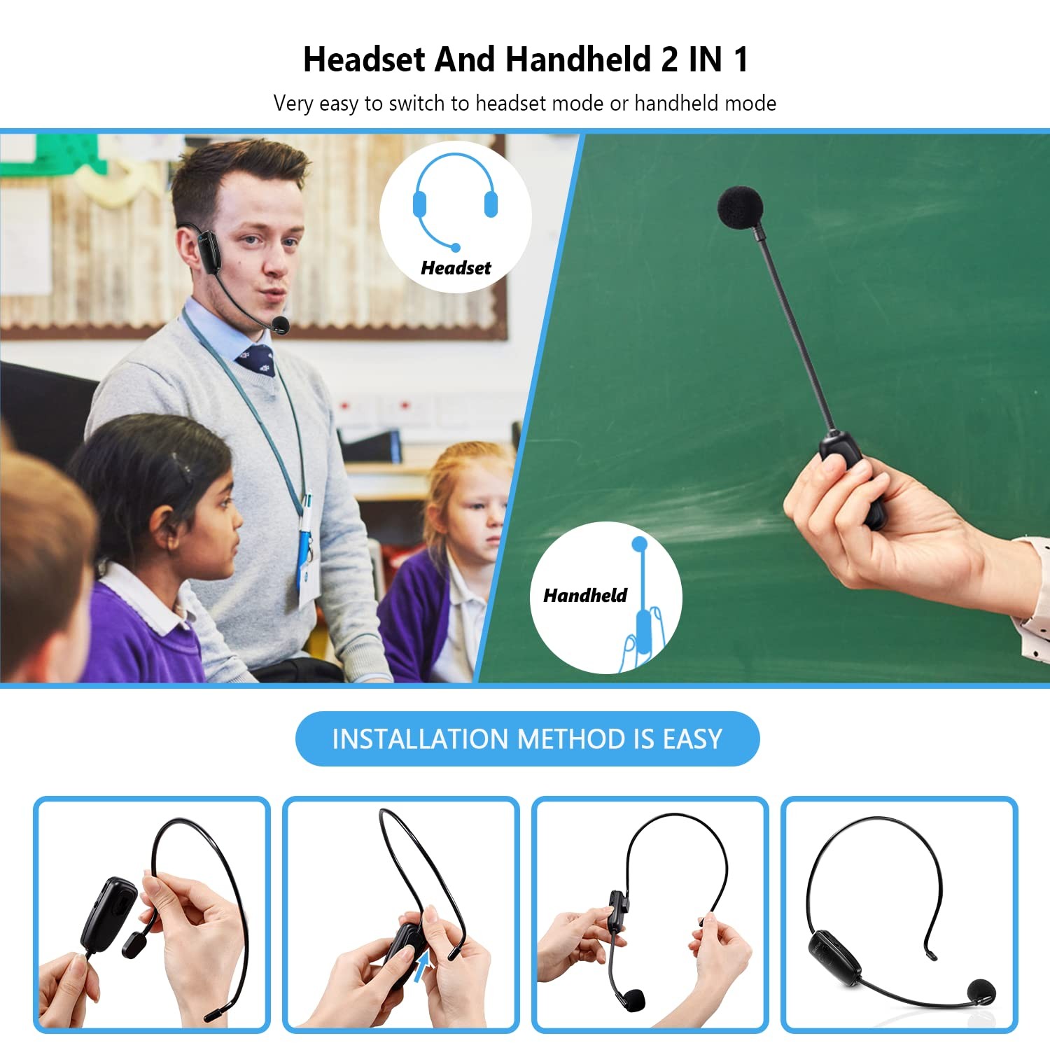 Wireless Microphone Headset, UHF Wireless Headset Mic System, 160 ft Range, Head