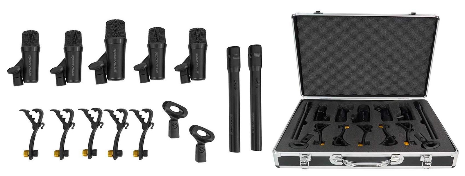 Rockville PRO-D7 KIT 7-Piece Drum Mic Kit, 18.89″ x 12.8″ x 3.74″, Black