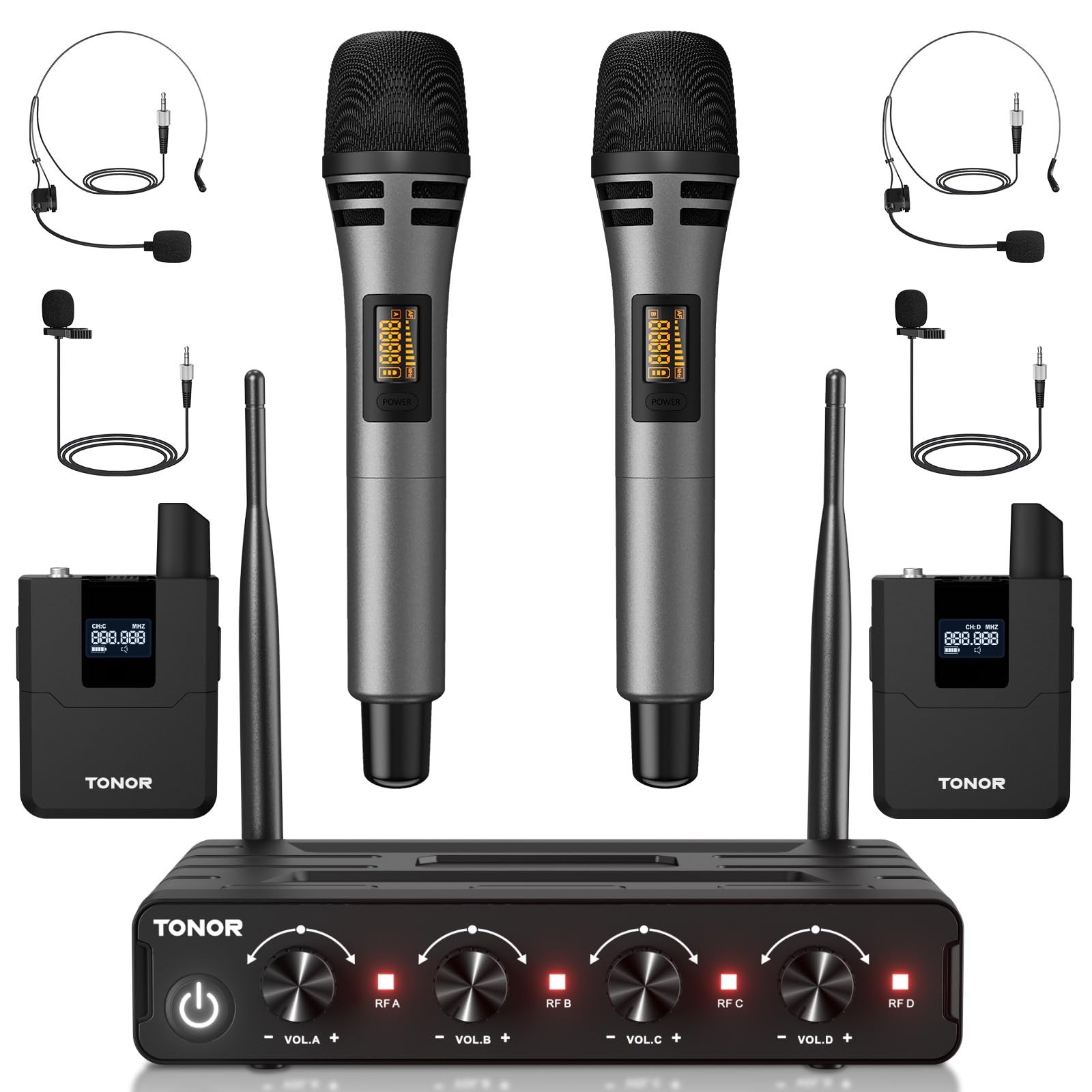 TONOR Wireless Microphone System, 4 * 10-Channel UHF Cordless Handheld Black