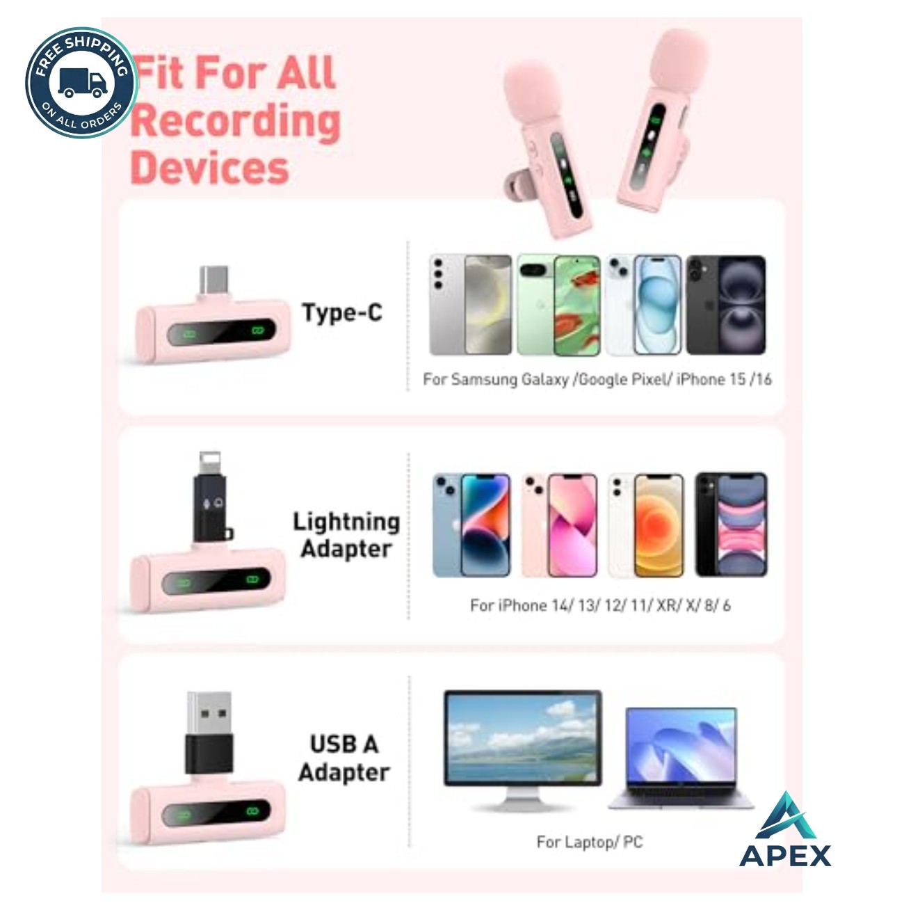 Wireless Lavalier Microphone USB C Denoise Clip On Pink 2 Pack for Phone Tablet