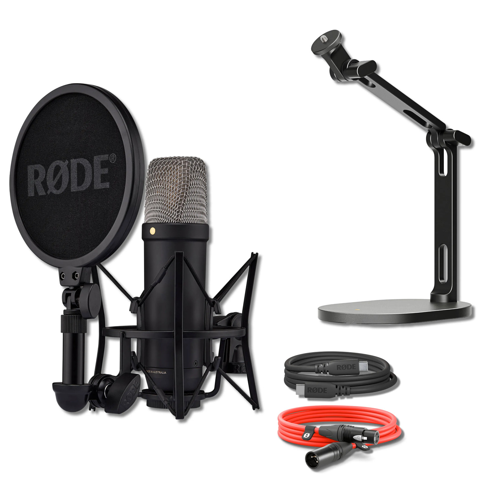 Rode NT1 5th Gen Condenser Microphone (Black) with DS2 Desktop Stand & XLR Cable