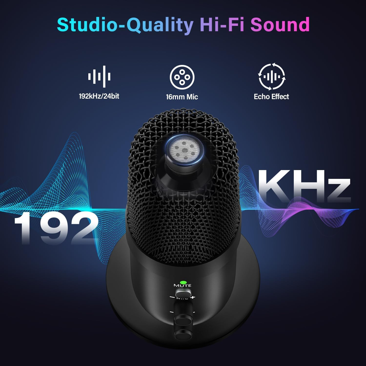 USB Microphone, Computer Condenser Mic with Noise Cancellation, Echo Mode, RGB L