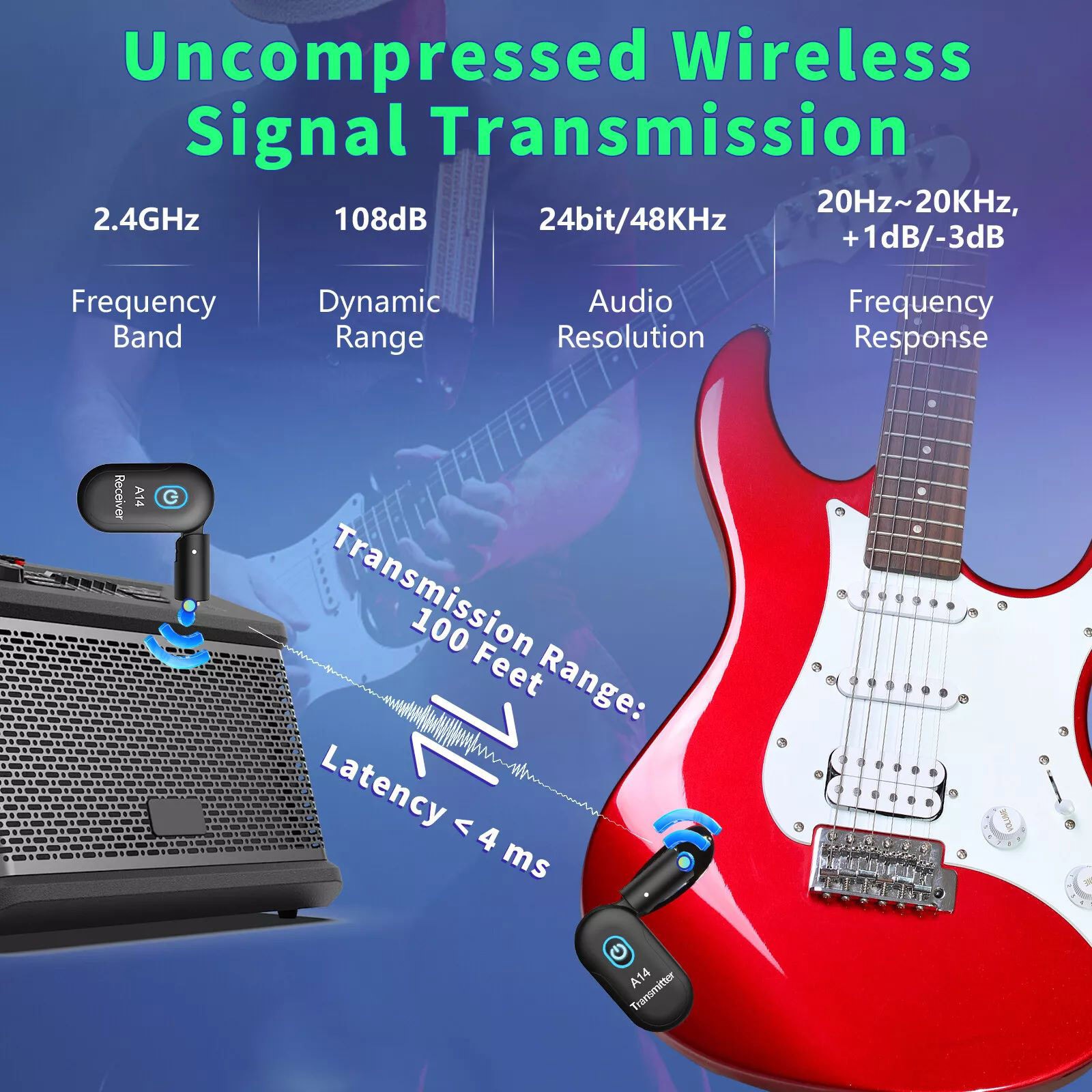 2.4GHz Wireless Audio System for Electric Guitar Bass Violin 30M Transmission
