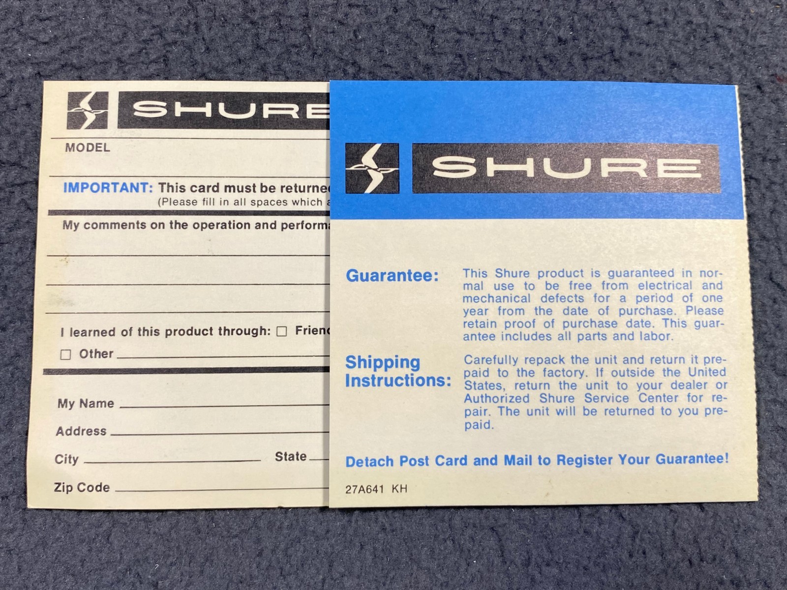Vintage Shure Microphone Purchase Registration Warranty Card Unidyne Dynamic
