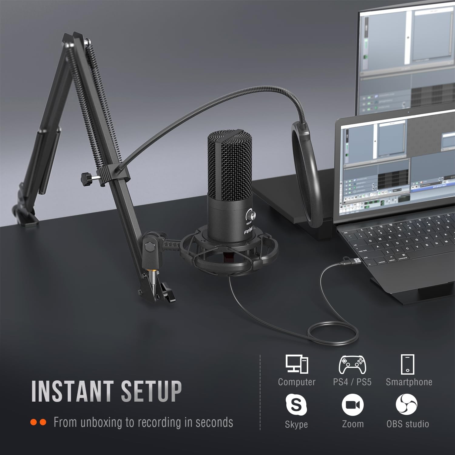 Microfono Condensador USB Con Brazo Ajustable Para Grabacion Y Podcast Pro
