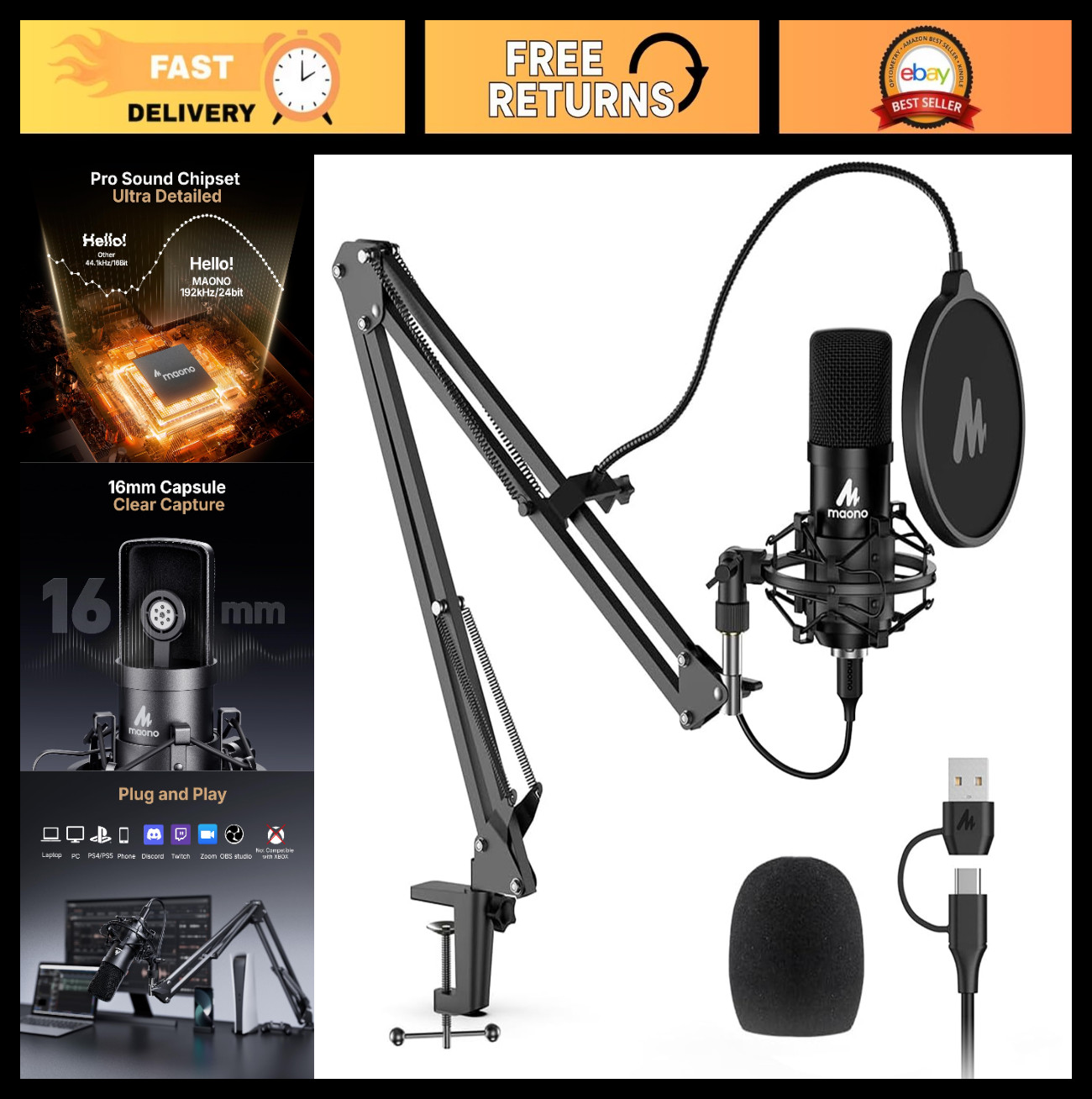 USB Condenser Microphone Kit 192kHz/24Bit for PC, Podcast, Streaming & Gaming