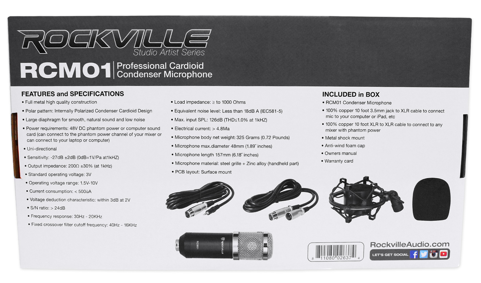 Rockville RCM01 Pro Studio Recording Condenser Microphone Mic+Shock Mount+Stand