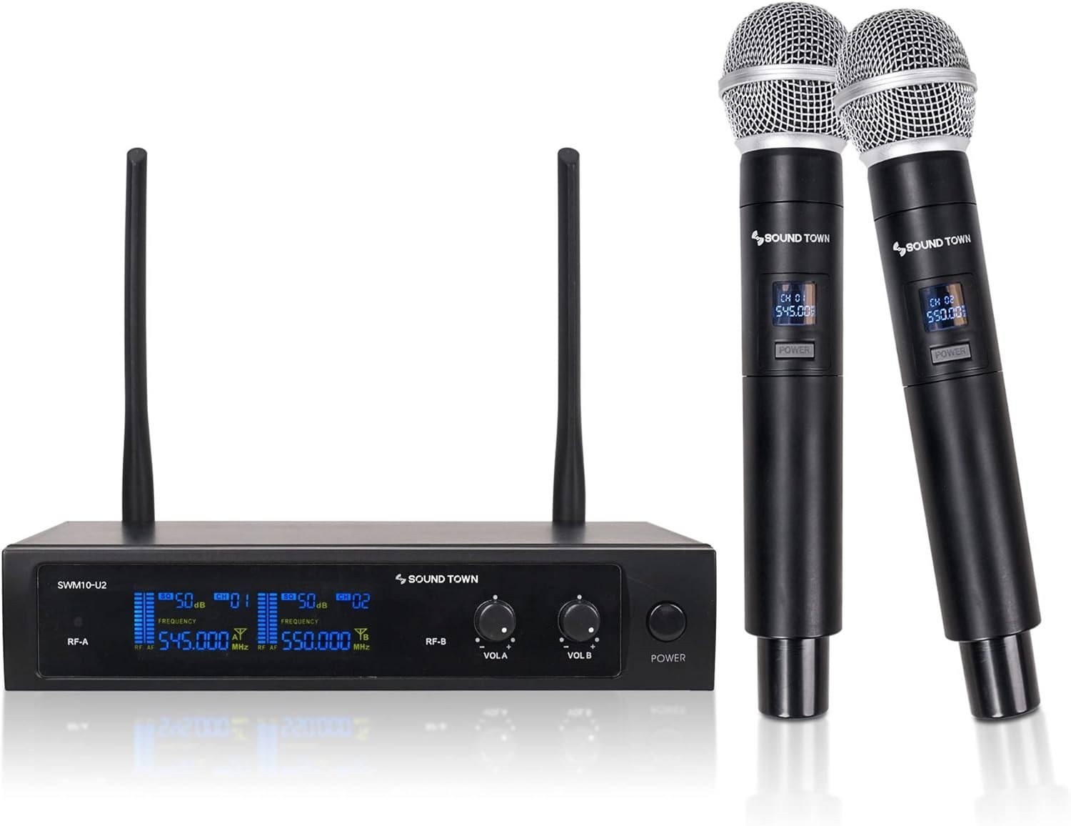 Dual-Channel UHF Wireless Microphone System: 2 Handheld Mics for Versatile Use