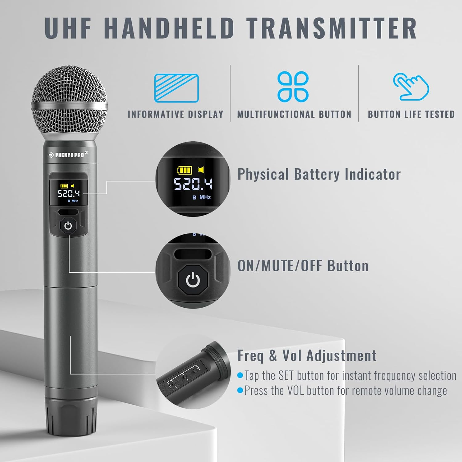 Wireless Microphone System, Metal Wireless Mic Set, Handheld Cordless Dynamic Mi