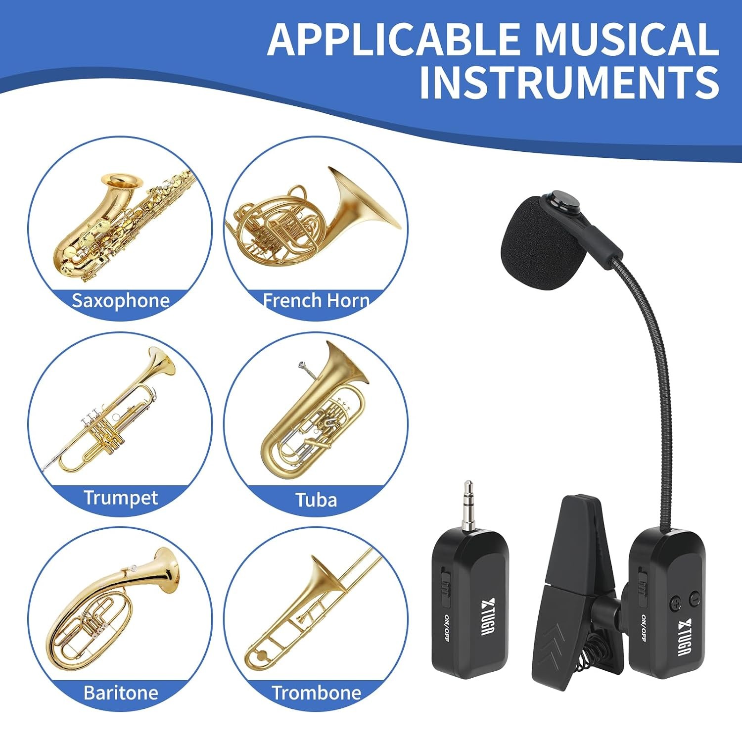 XTUGA Wireless Saxophone Microphone 2.4G Rechargeable System Clip-On Instrument