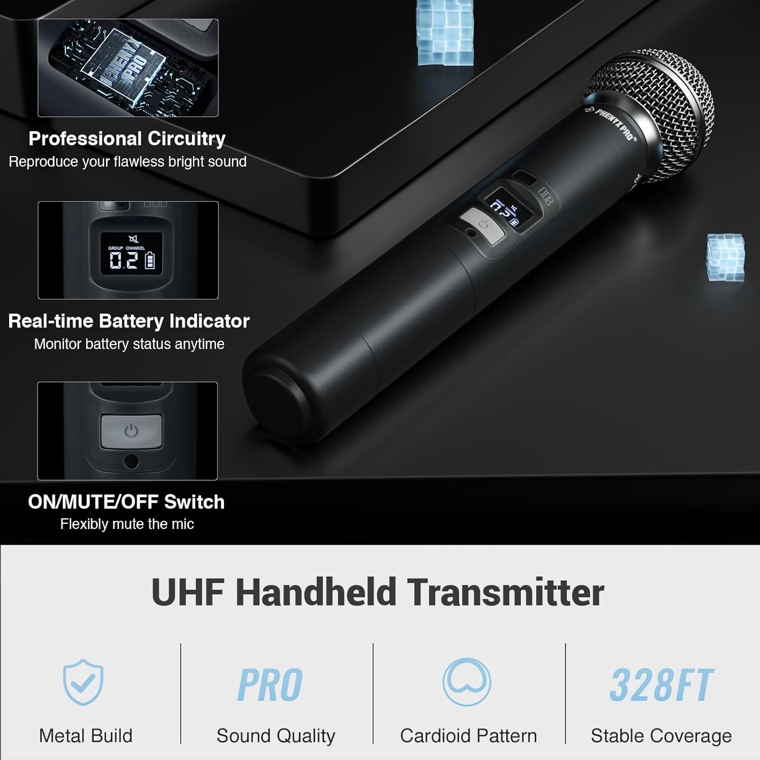 Wireless Microphone System Dual Handheld 328ft Range for Church