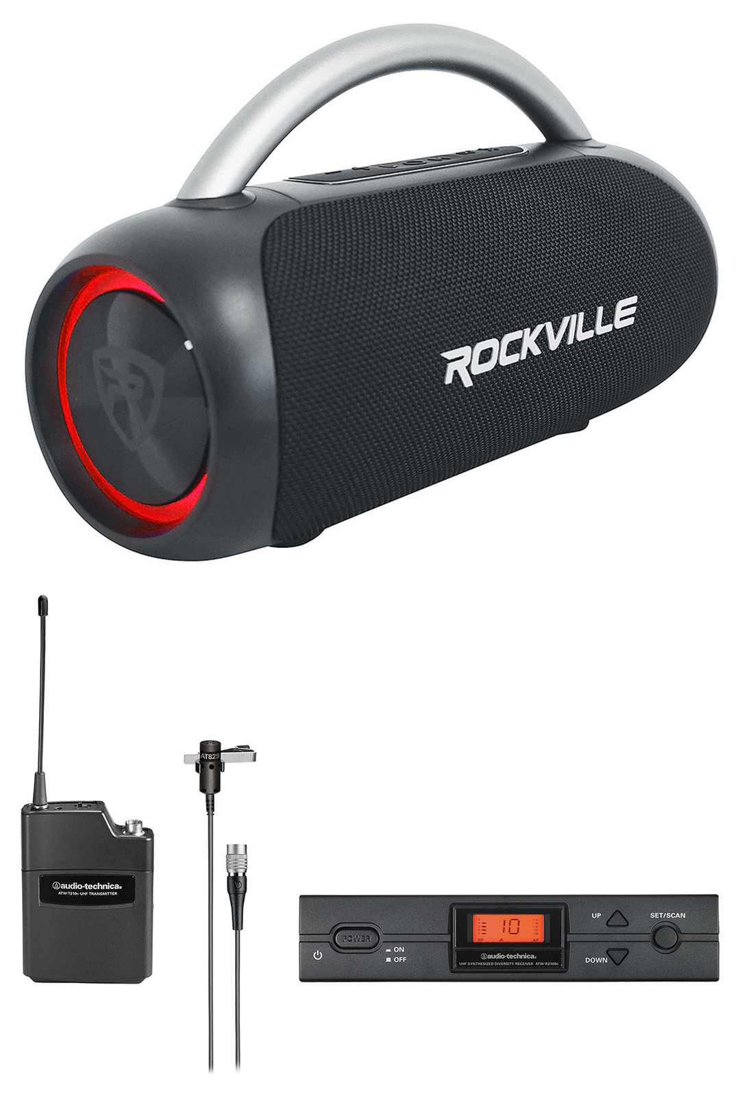 Audio-Technica ATW-2129CS Wireless Receiver, Transmitter+Lavalier Mic+Boombox