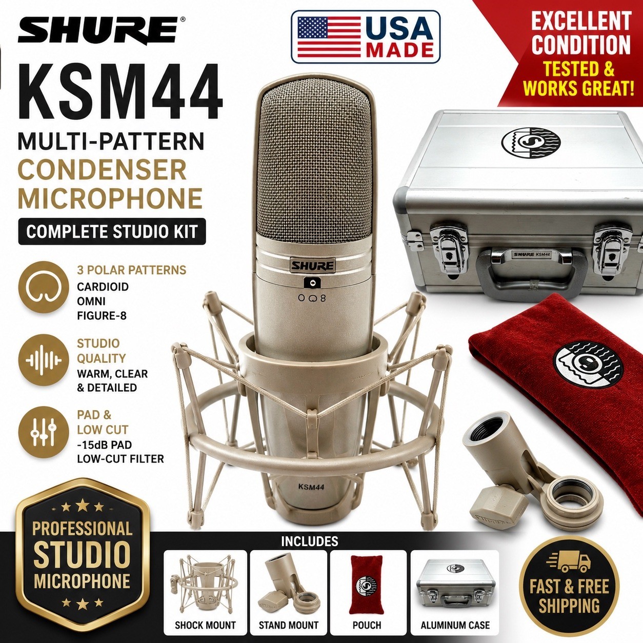Shure KSM44 Multi-Pattern Condenser Microphone Studio Kit with Case Shock Mount