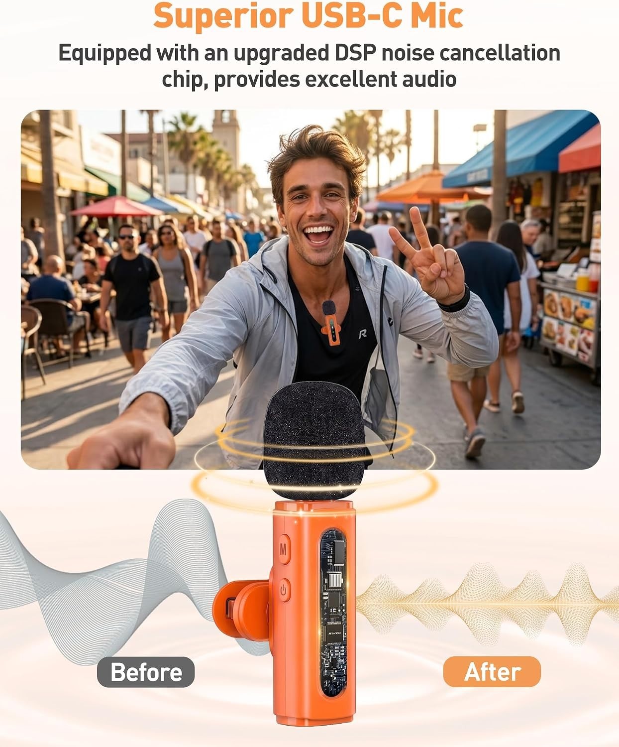 High-Quality Wireless Lavalier Microphone for Smartphones & PCs – Orange Design