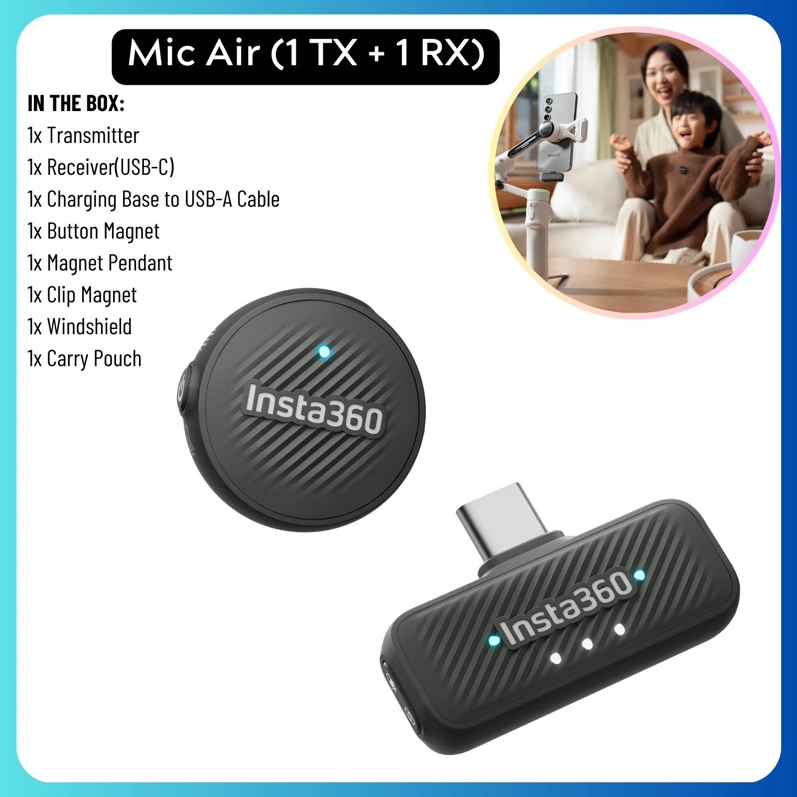Insta360 Mic Air Wireless Microphone 7.9g 48kHz 300m Range for X5 X4 Ace Pro