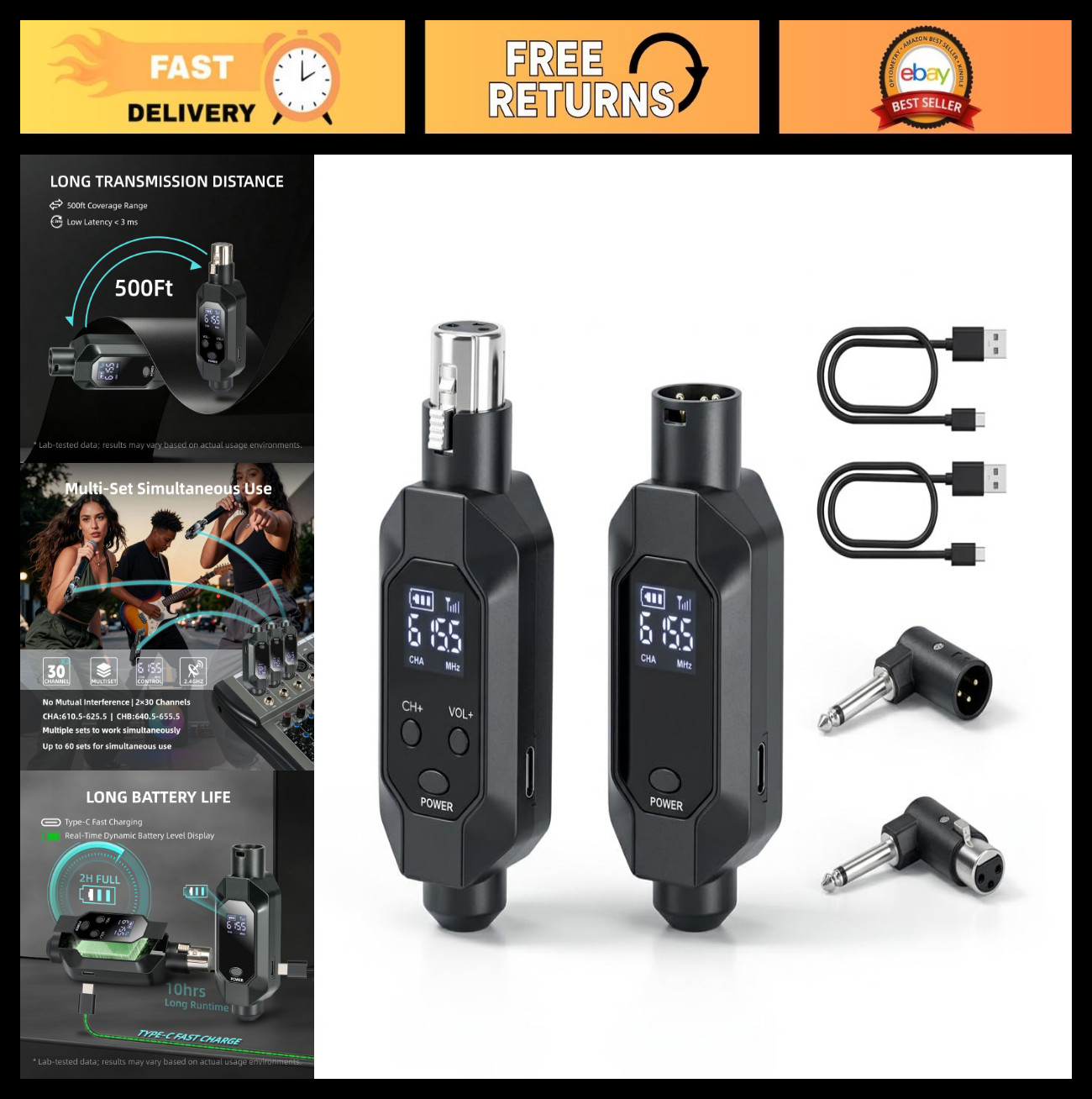 Wireless XLR Transmitter & Receiver, 500ft Range, 30 Channels, Dynamic Mic Adapt