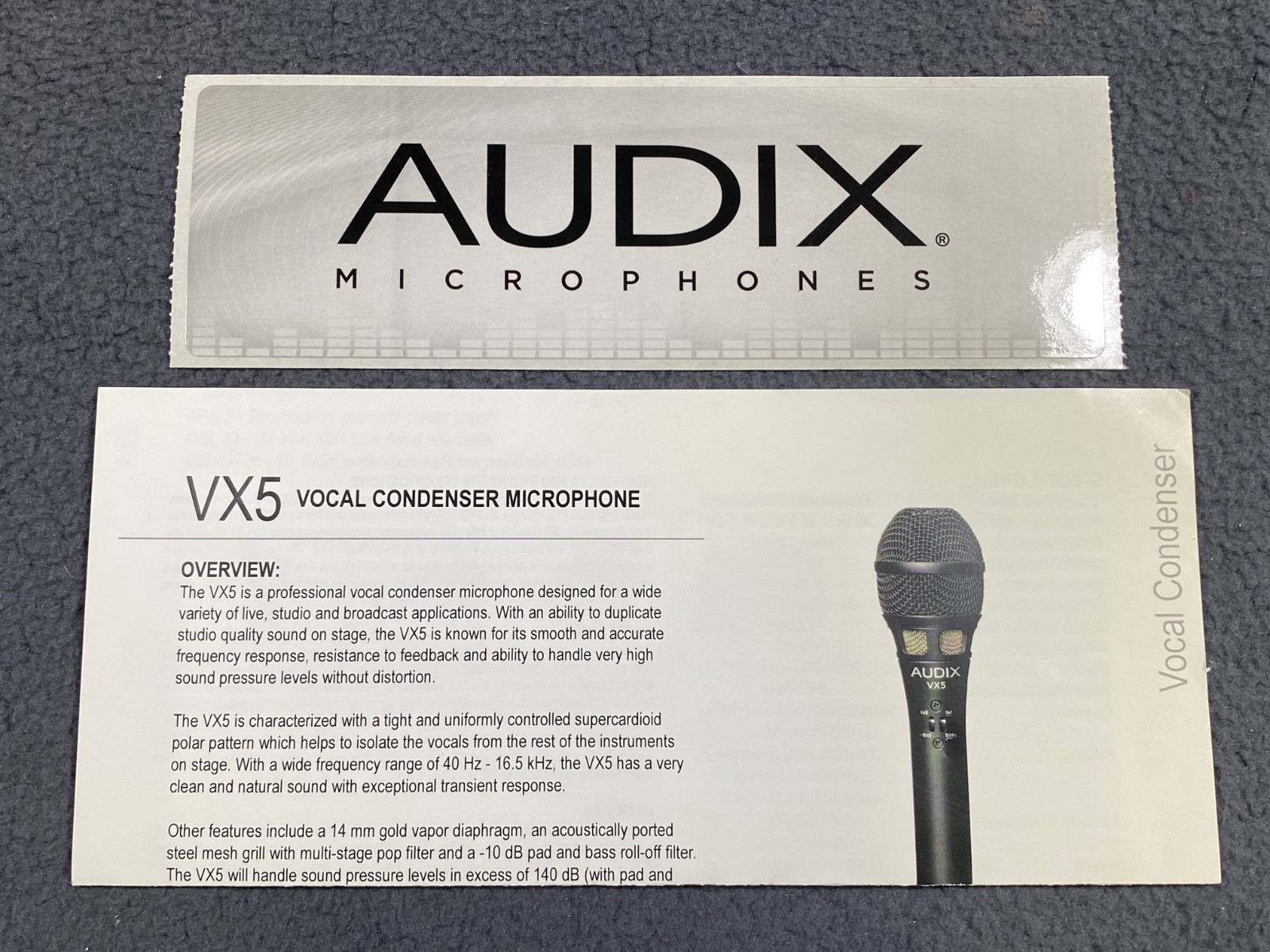 Audix VX5 Microphone Spec Sheet w/ Sticker