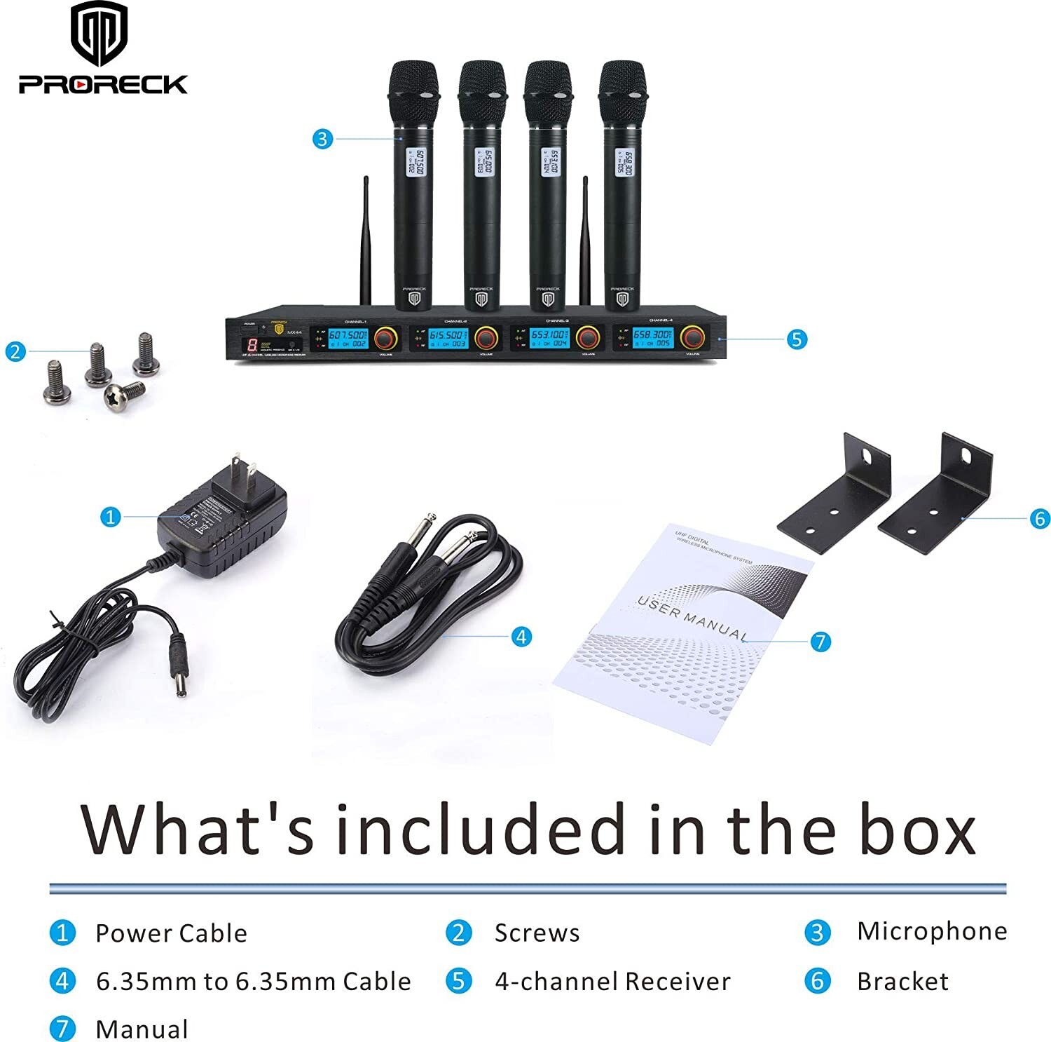 PRORECK MX44 Microphone System UHF Wireless with 4 Channels Hand-held Mics Set
