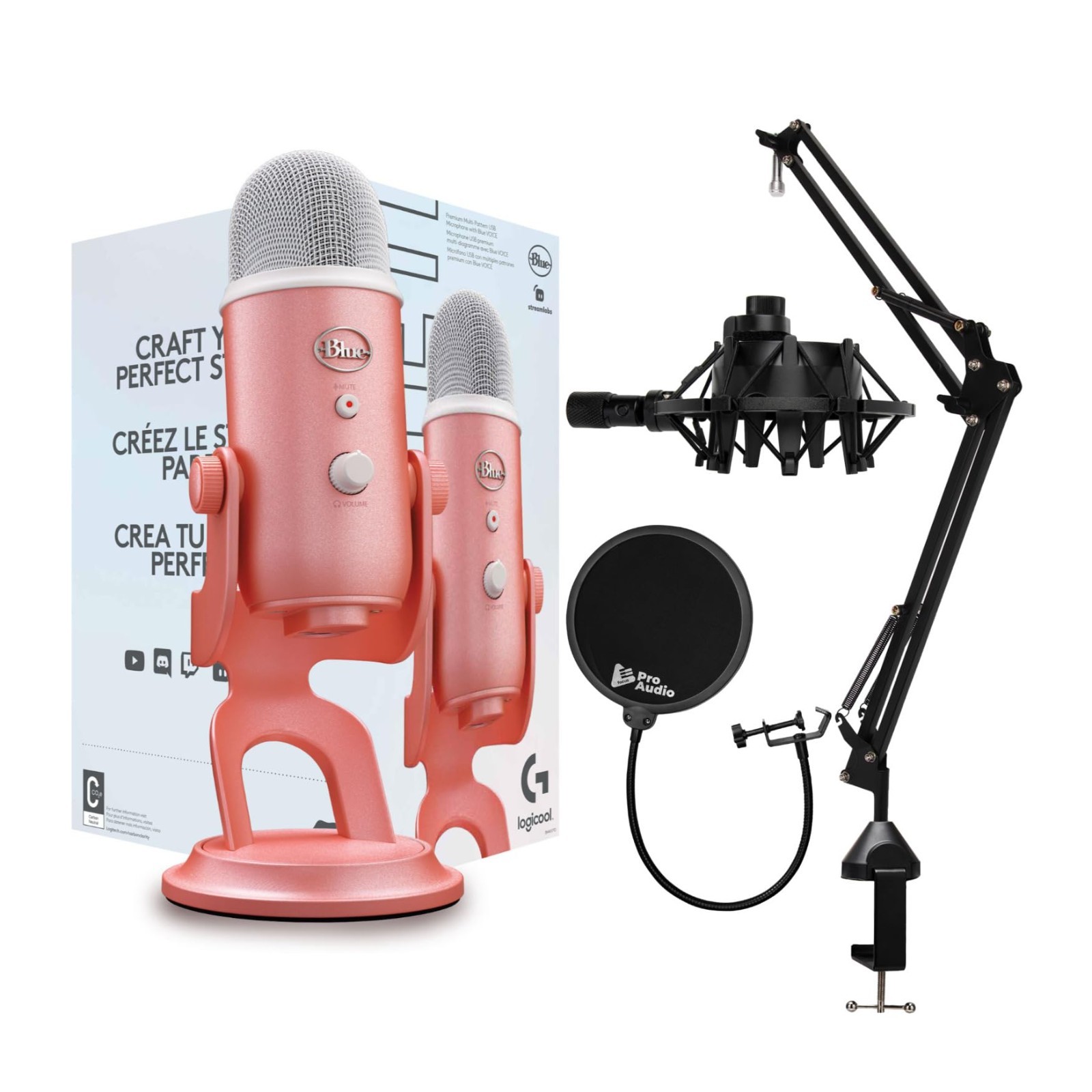 Blue Microphones Yeti Aurora USB Mic Pink Dawn Bundle Boom Arm Shock