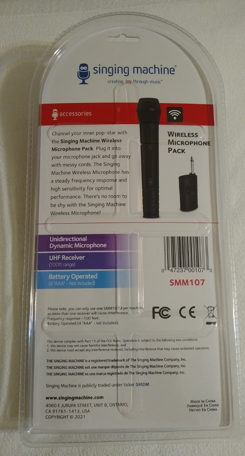 Singing Machine SMM107 Unidirectional Dynamic Wireless Microphone, Black NEW!