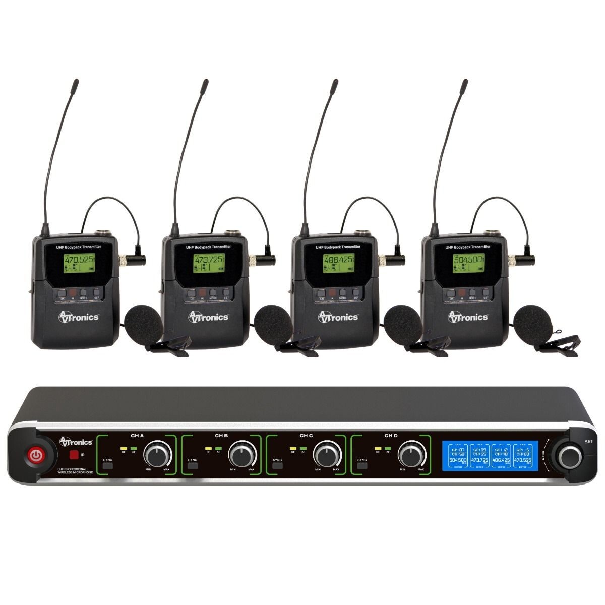 Kingdom 4-Channel Wireless Microphone System with 4-Bodypacks and Lapel Mics |