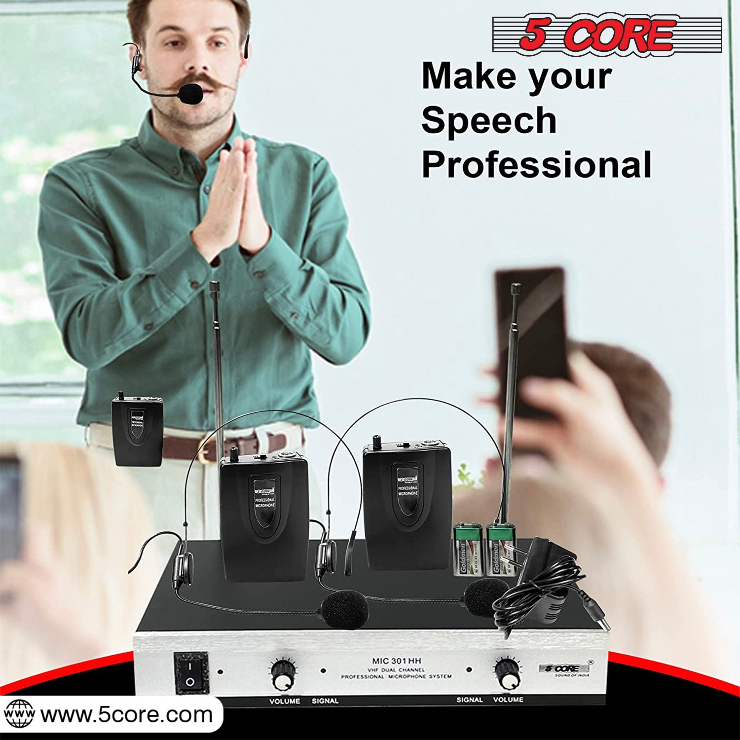 Wireless Microphone System VHF Pro Audio 2 Channel 2 Lavalier Bodypacks Headset