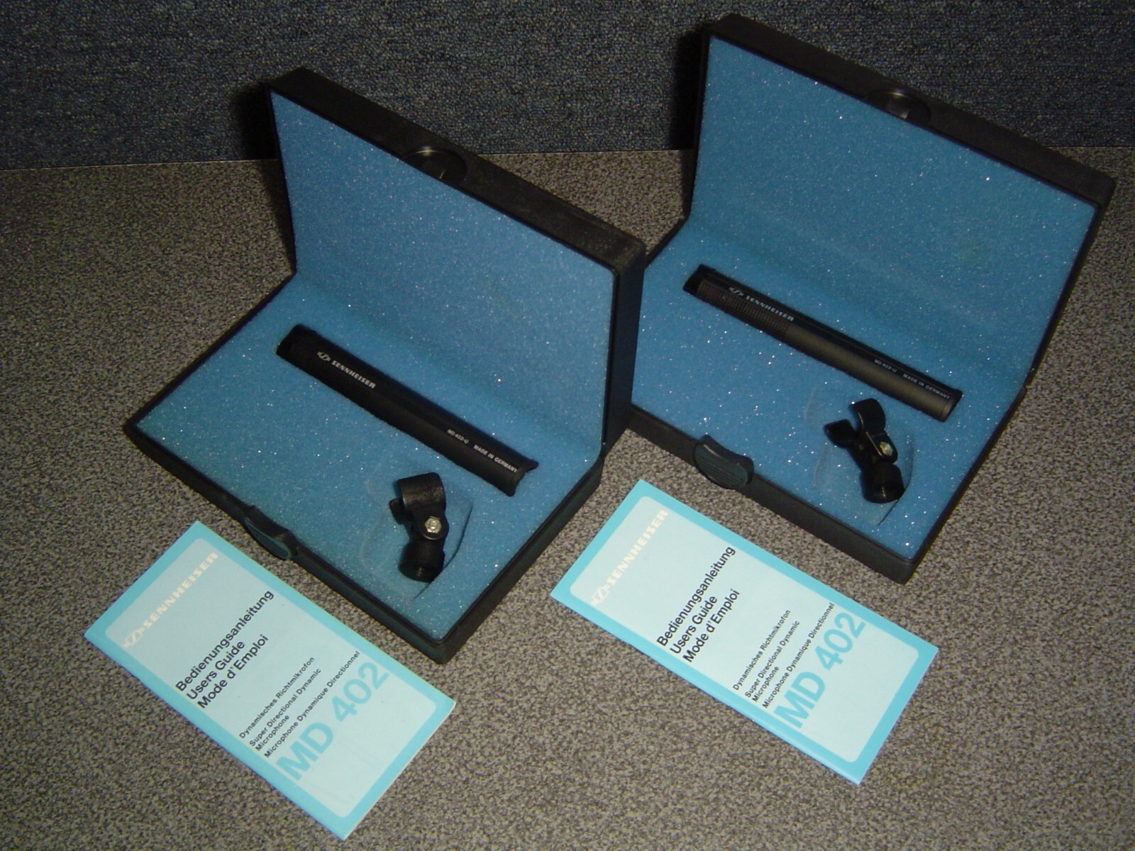 Sennheiser MD 402-U Dynamic Microphone PAIR w/ Cases & clips N.O.S. TESTED