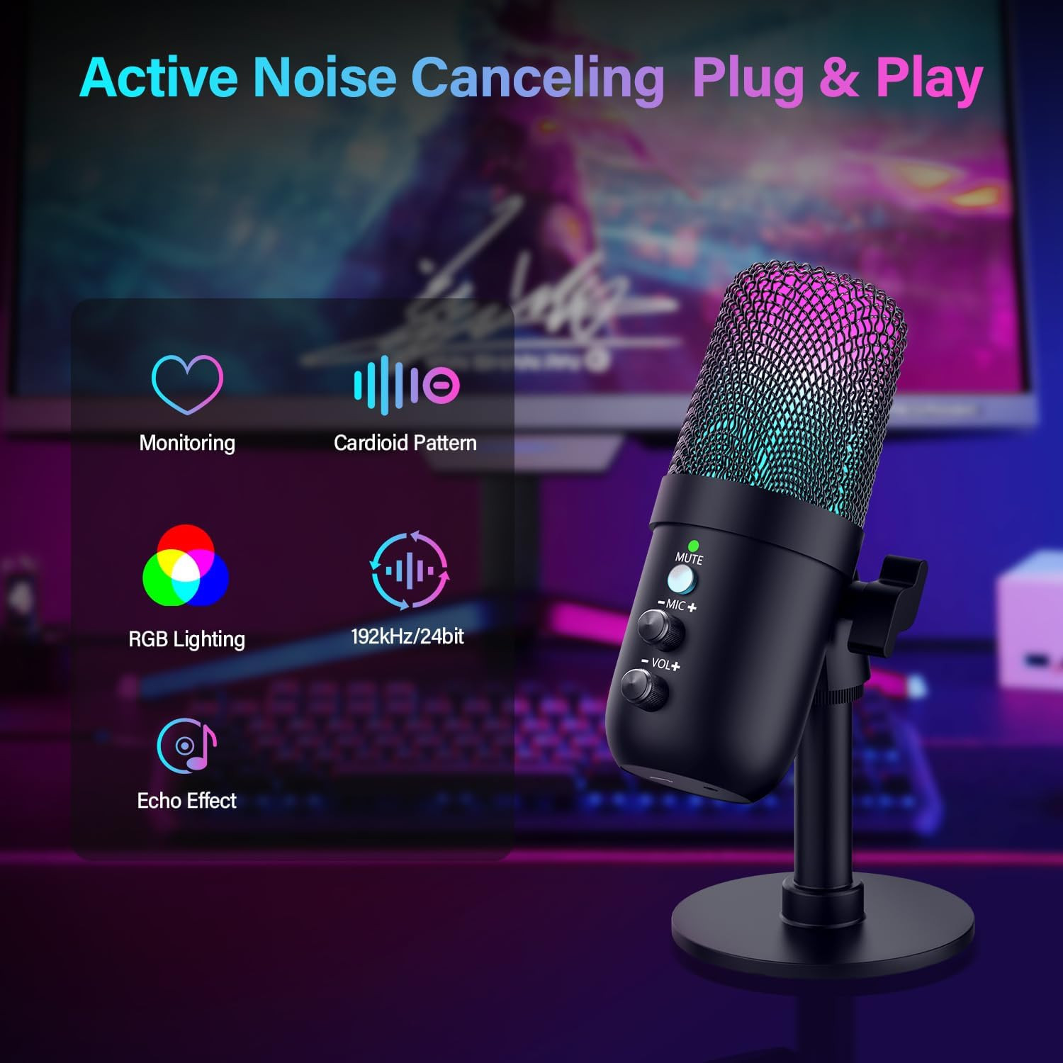 USB Microphone, Computer Condenser Mic with Noise Cancellation, Echo Mode, RGB L
