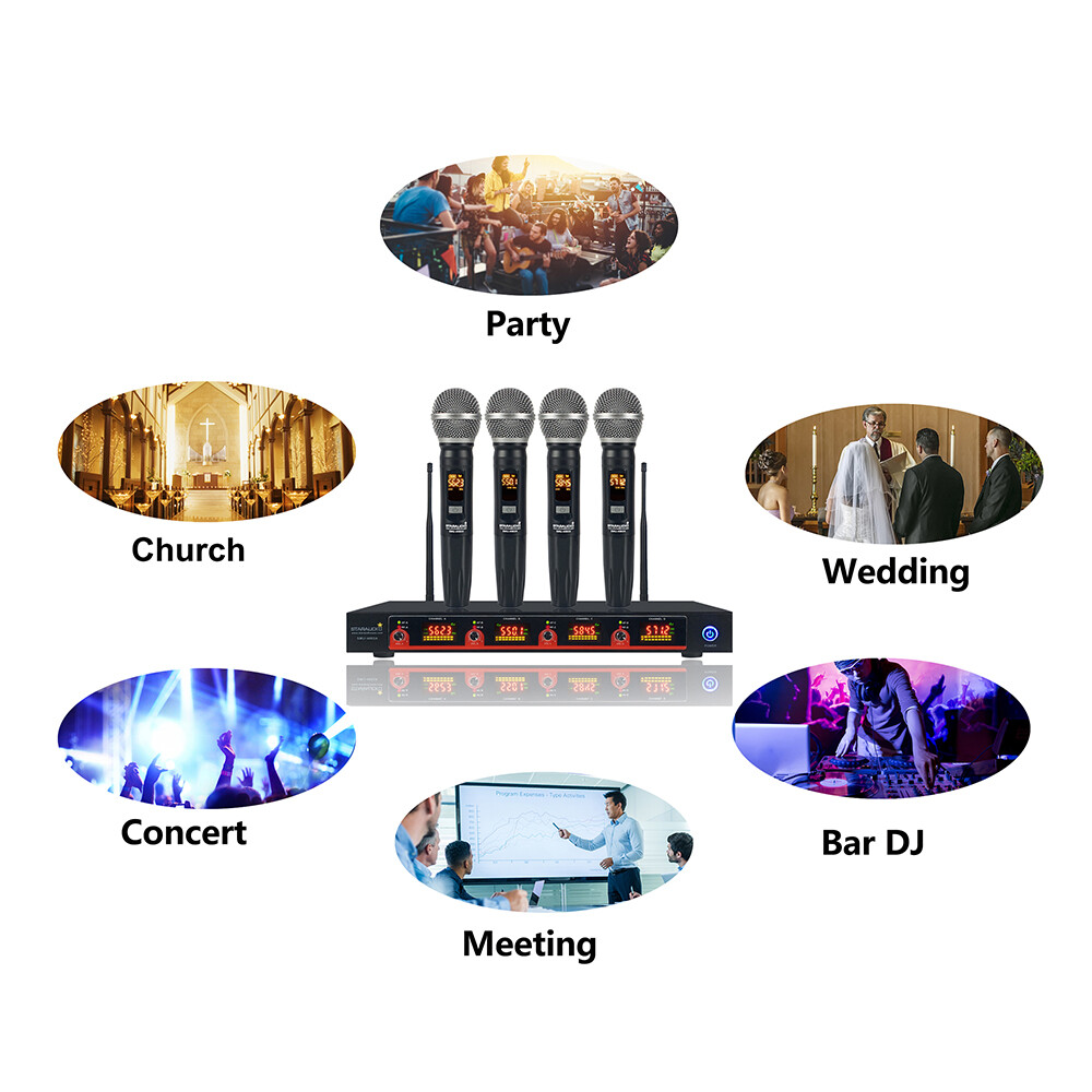 4 Channel Wireless Microphone System 4CH UHF Handheld Adjustable Frequency Mic