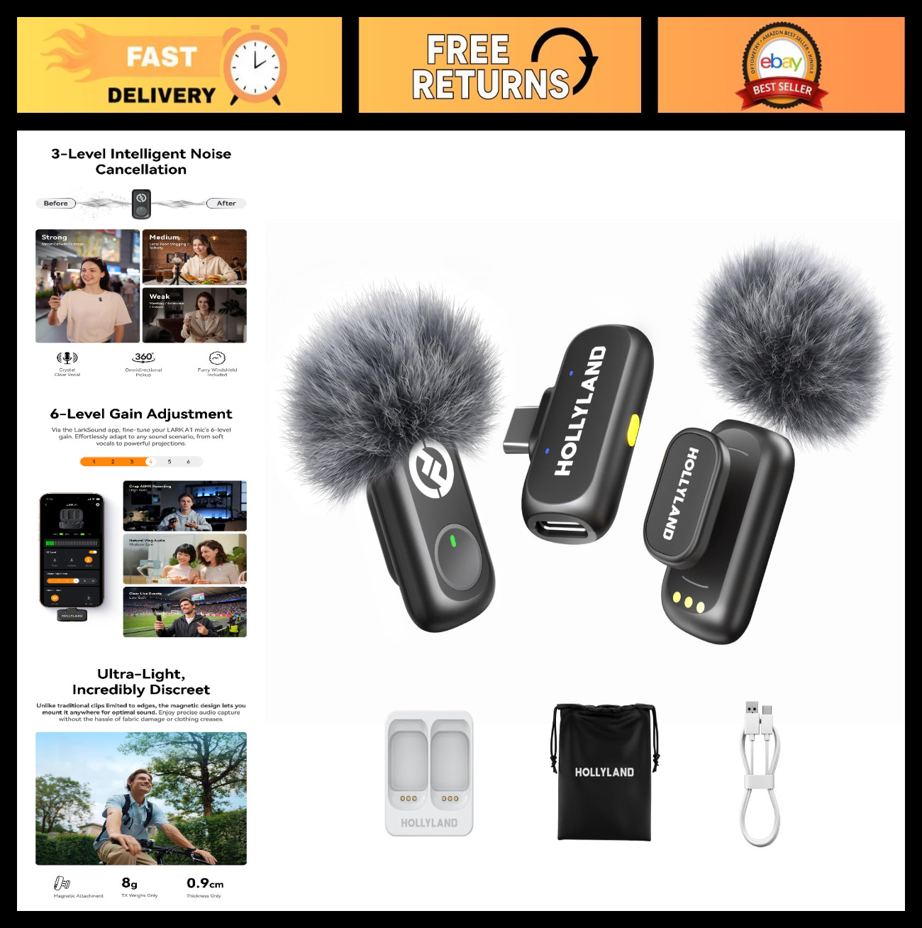 Wireless Microphone for iPhone & Android, 48kHz Studio Audio, Noise Cancellation