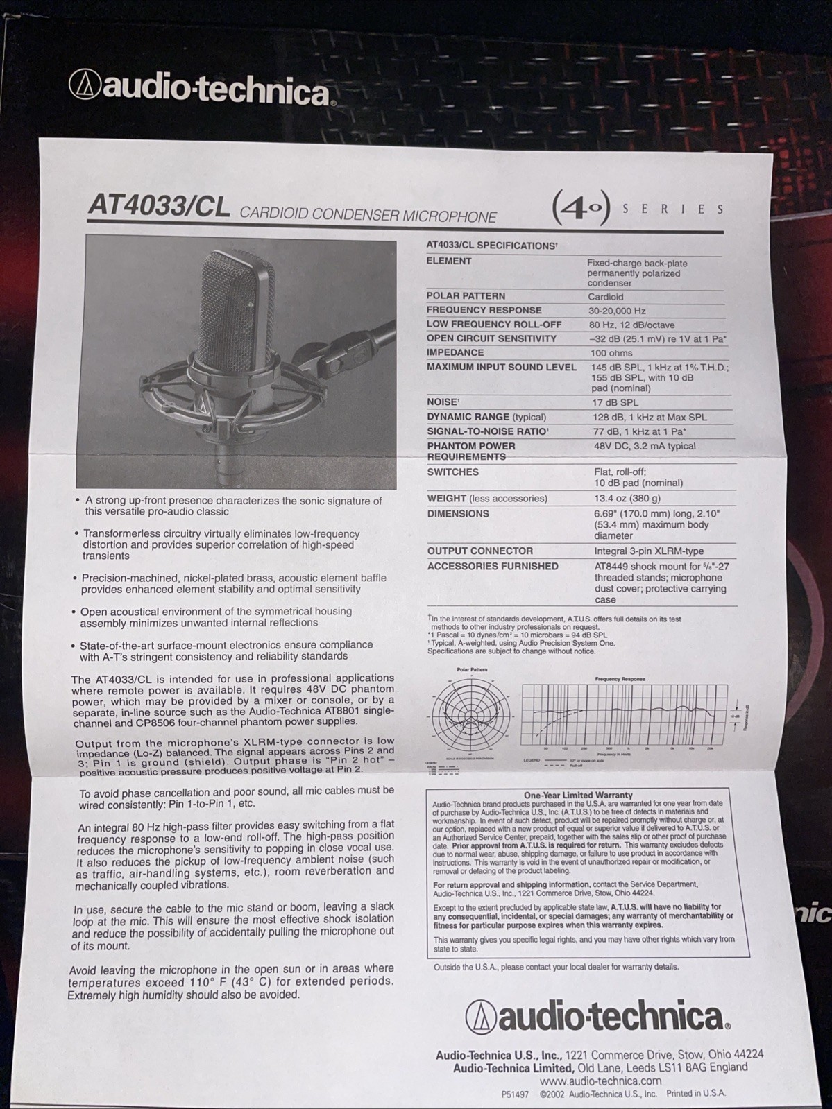 Audio-Technica AT4033/CL Condenser Studio Microphone w/ Box & Papers