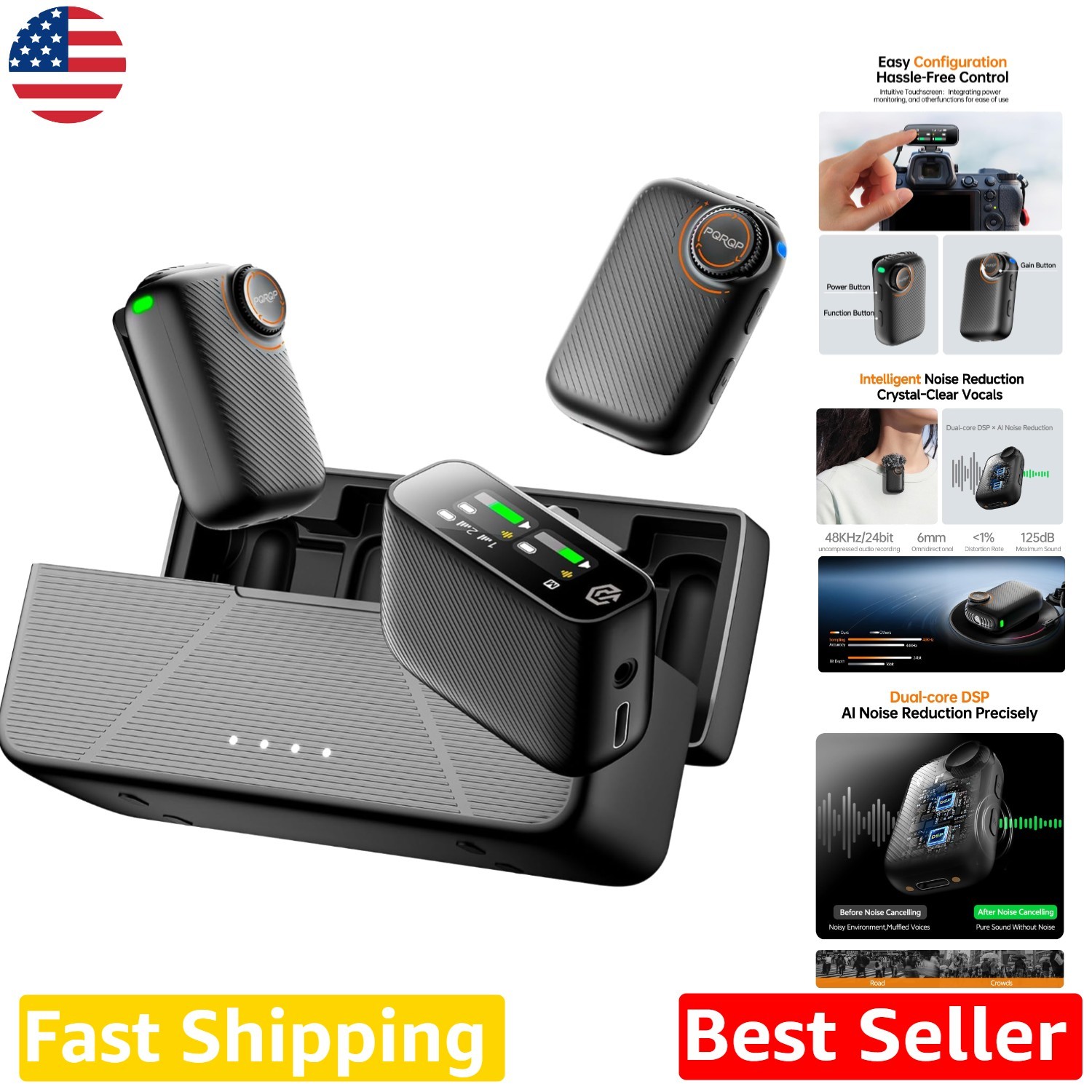 Studio Audio Wireless Mic 2TX+1RX, AI Noise Cancelling, 48h Use, Long Range