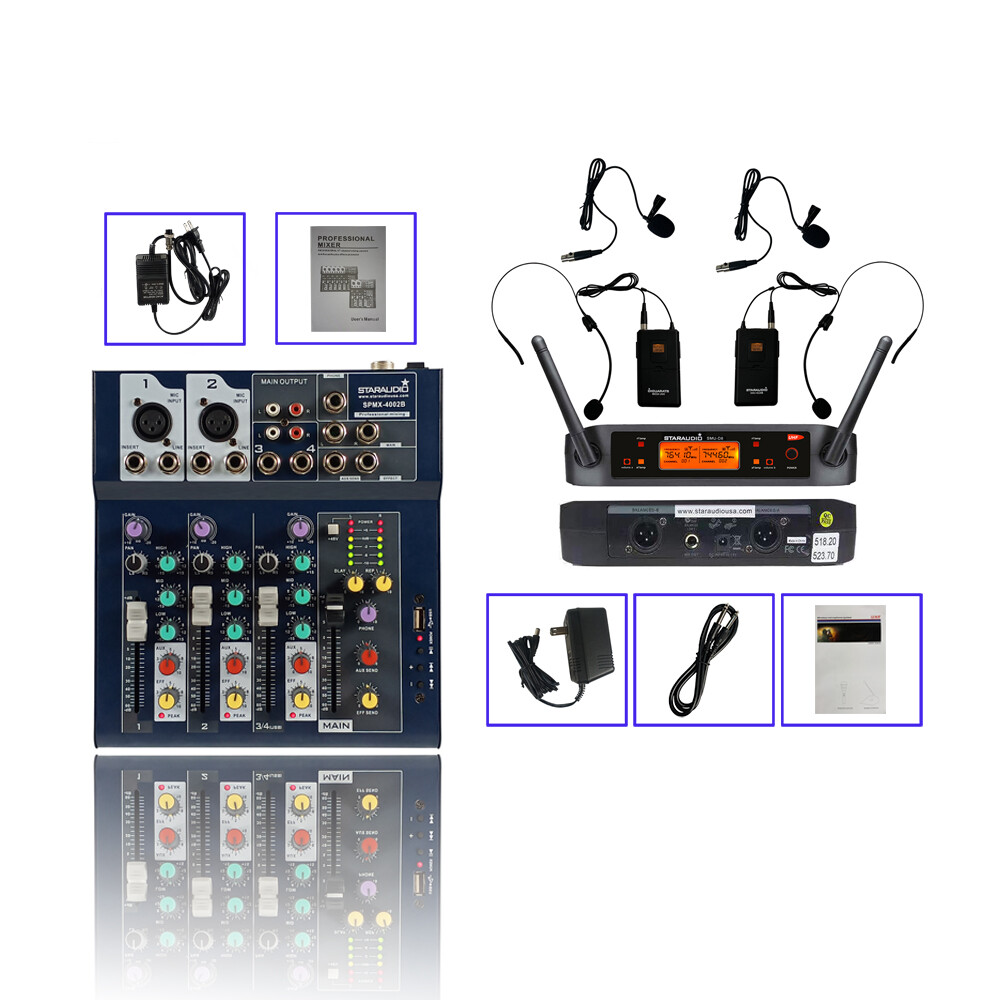 2 CH UHF Headset Lavalier Lapel Microphones 4 CH Audio Mini USB BT Audio Mixer