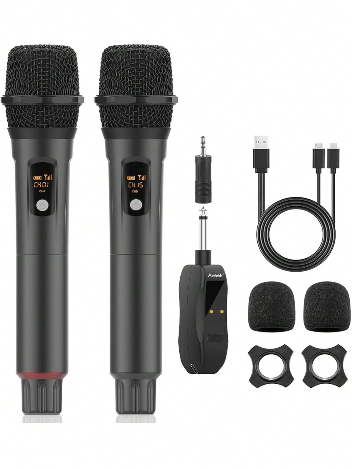 2PCS Aveek Wireless Handheld Microphones 2.4GHz With Rechargeable Receiver