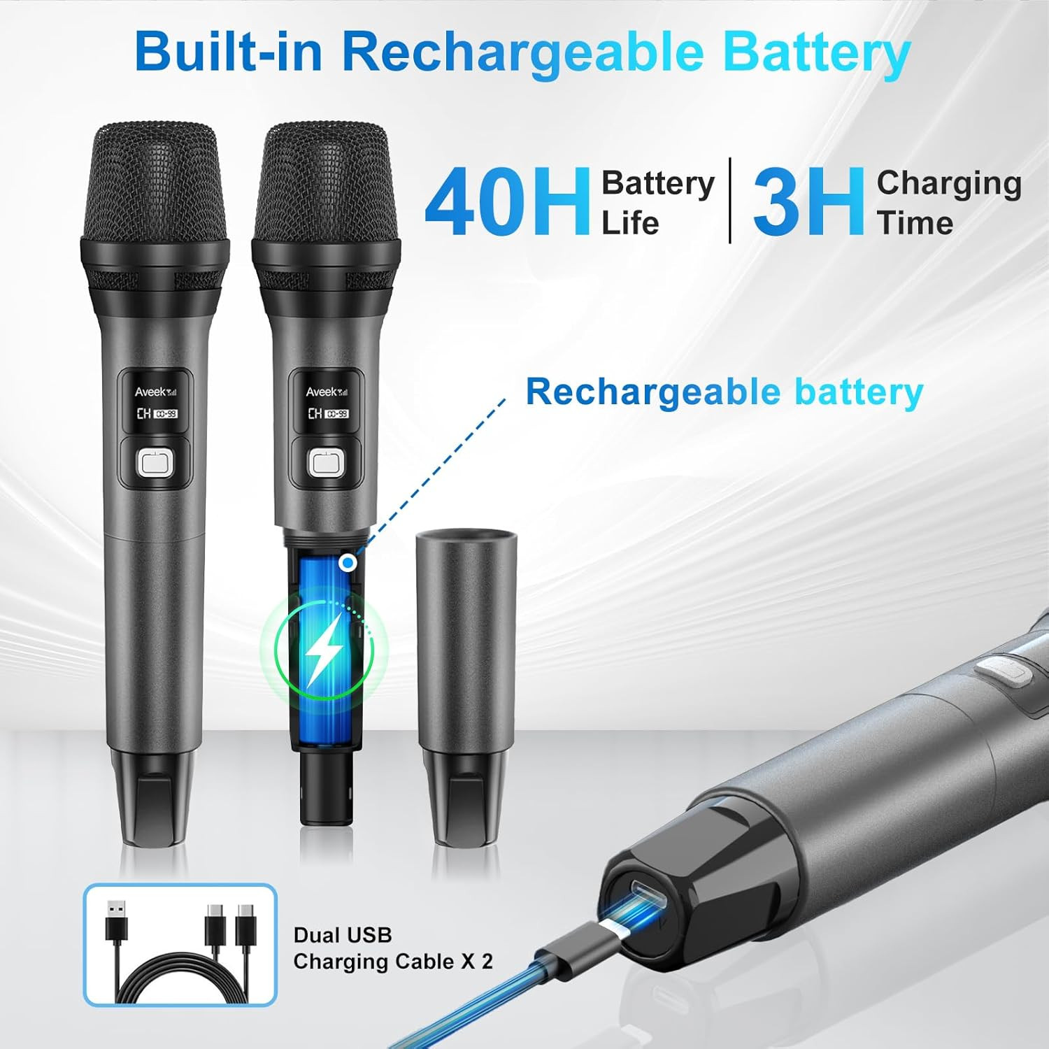 Wireless Microphone System with 4-Pack Dynamic Handheld Mics, 262Ft Long Range,