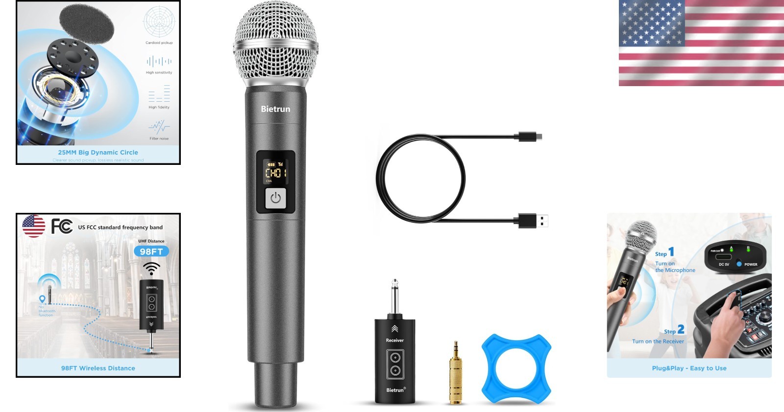 UHF Wireless Handheld Microphone Set with Rechargeable Receiver – 98 ft Range