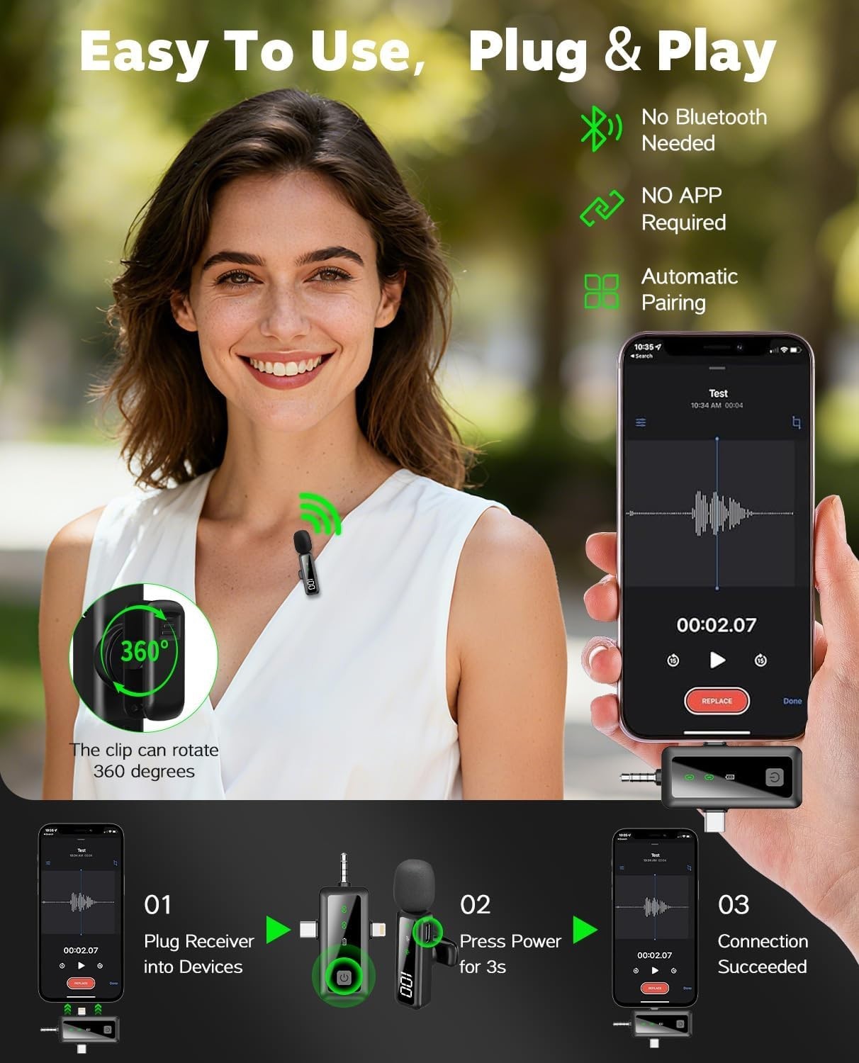 Wireless Lavalier Microphone with Noise Reduction for iPhone & Android Devices