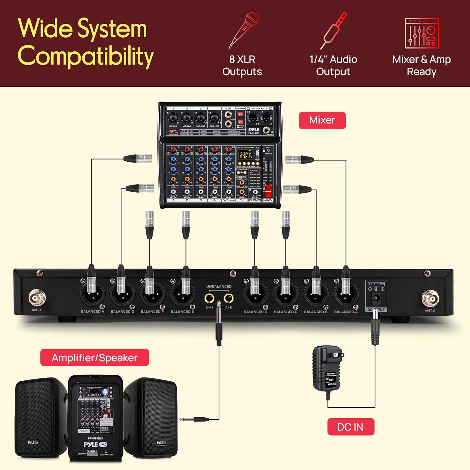 8-Channel Wireless Microphone System with 8 UHF Handheld Mics, 300 Ft Range