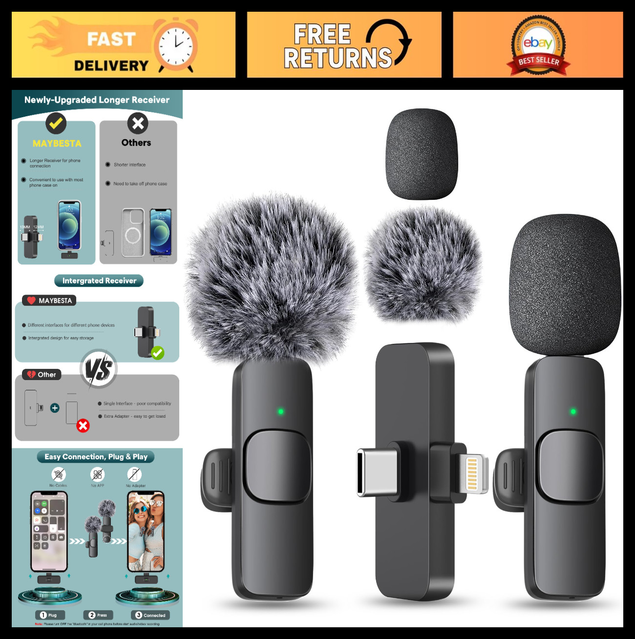 Wireless Mini Microphone 2 Pack – Lavalier Lapel Mics for iPhone Android, YouTub
