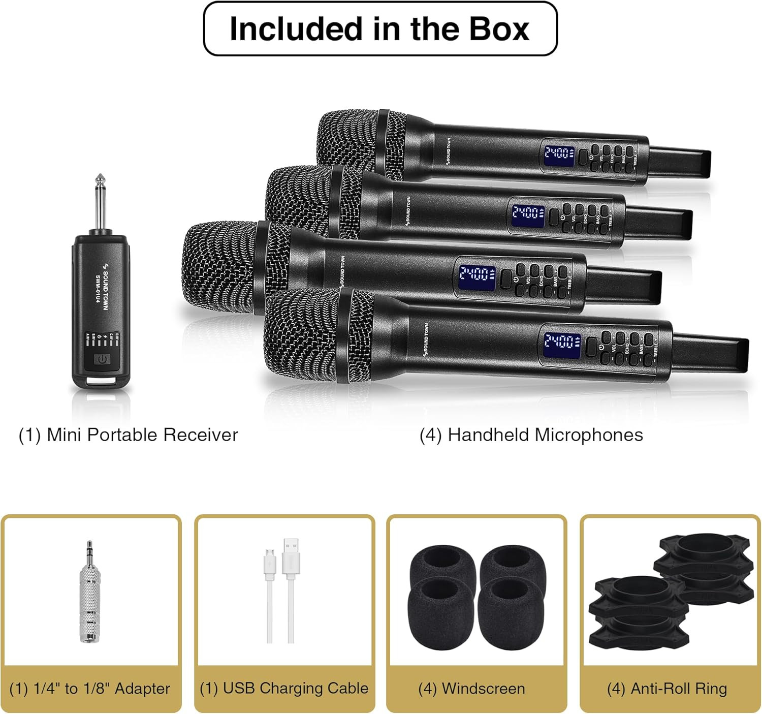 Rechargeable 2.4GHz Wireless Microphone System with 4 Handheld Mics