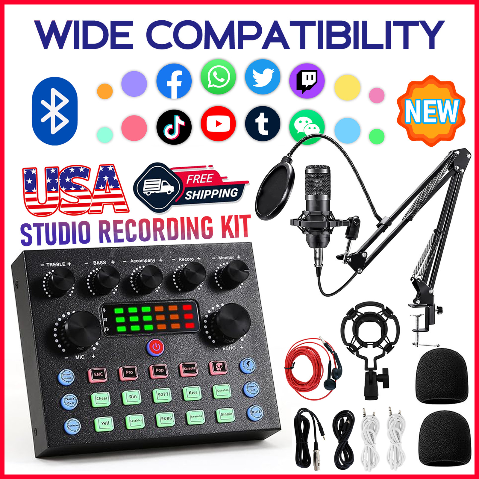 Podcast Equipment Bundle Home Studio Recording Kit Music Mixer Headphones BM-800